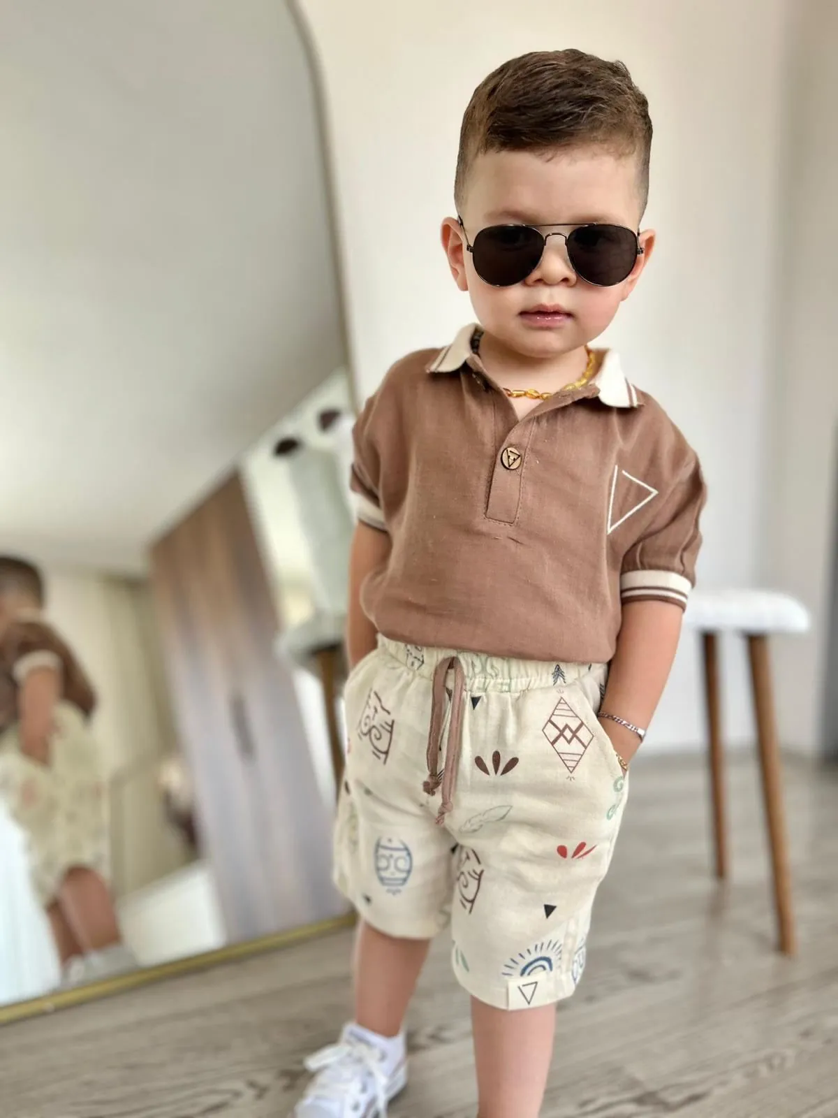 Miniğimin Cicileri Müslim Lacost Yaka Şortlu Etnik Desen Erkek 2 li Takım - Kahverengi