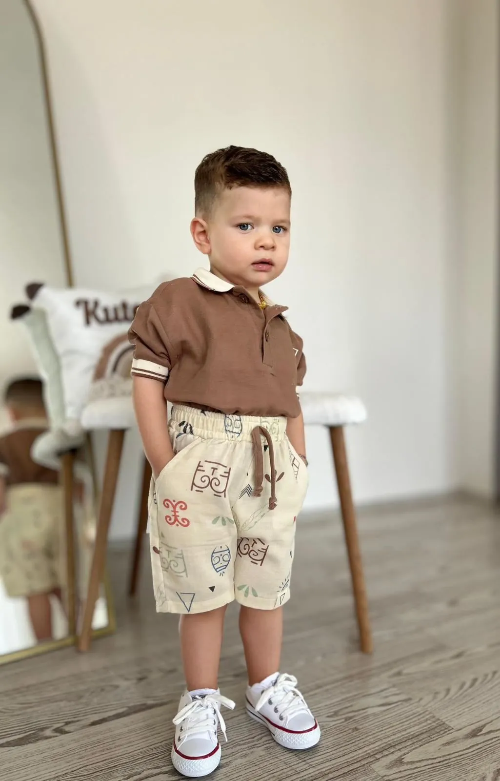 Miniğimin Cicileri Müslim Lacost Yaka Şortlu Etnik Desen Erkek 2 li Takım - Kahverengi