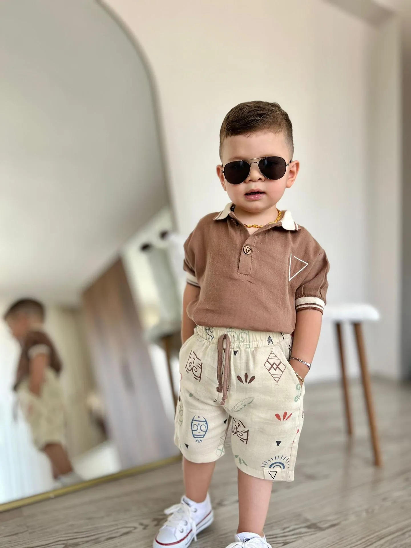 Miniğimin Cicileri Müslim Lacost Yaka Şortlu Etnik Desen Erkek 2 li Takım - Kahverengi