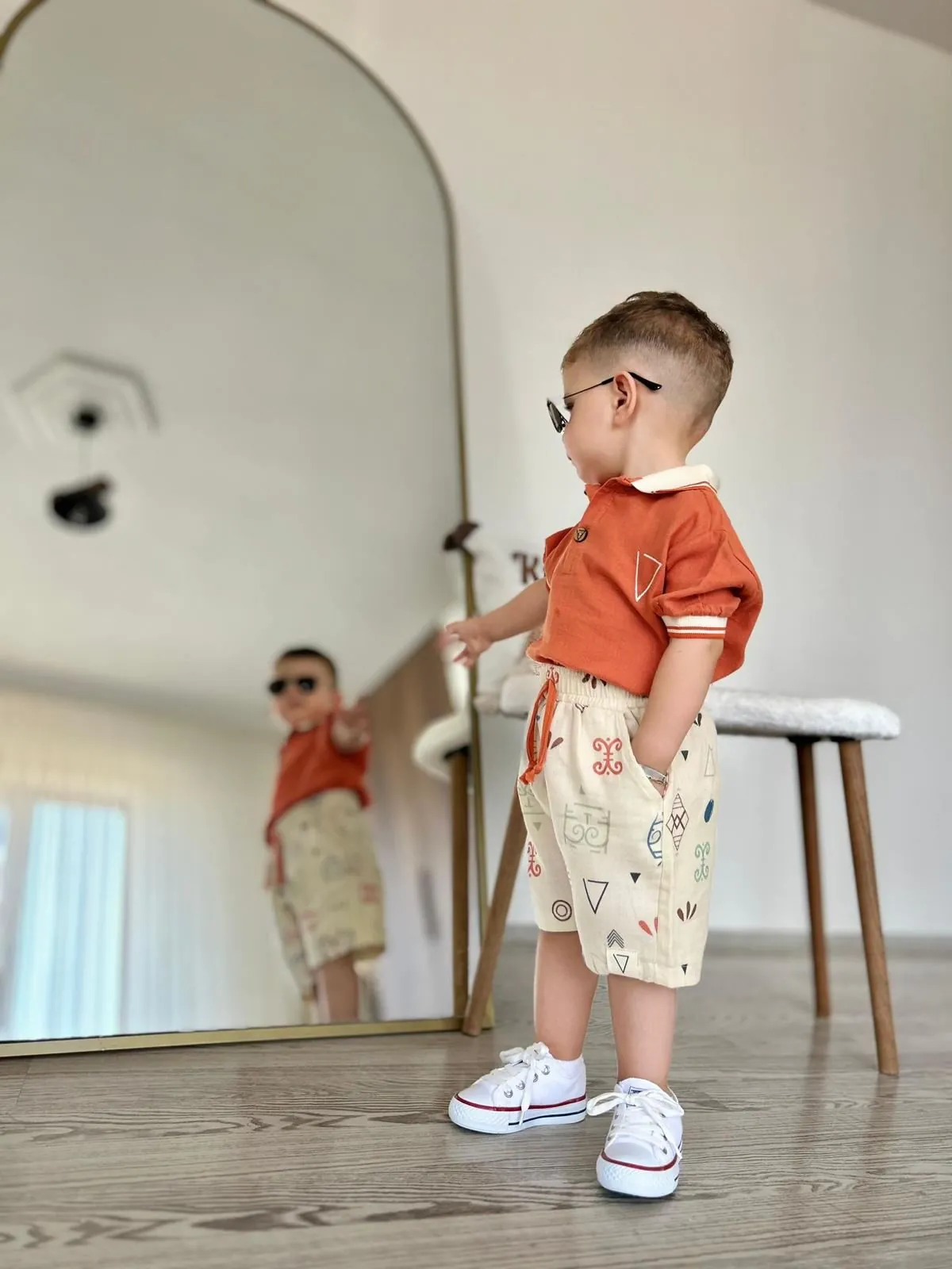 Miniğimin Cicileri Müslim Lacost Yaka Şortlu Etnik Desen Erkek 2 li Takım - Oranj