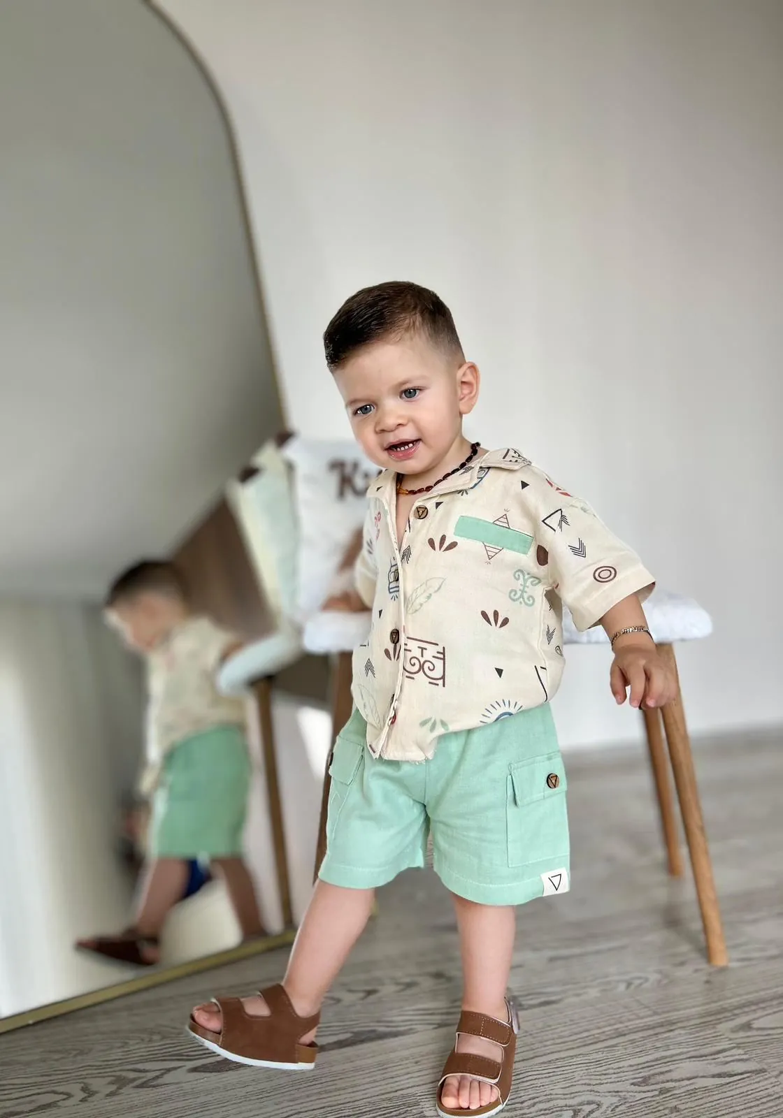 Miniğimin Cicileri Müslin Etnik Desen Gömlek Şortlu Erkek 2 li Takım - Su Yeşili