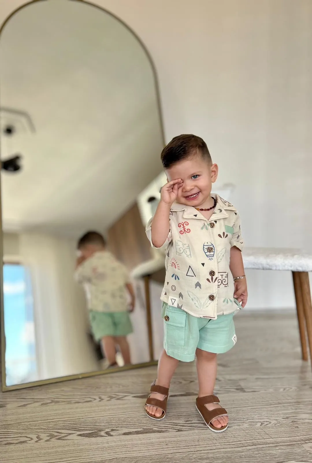 Miniğimin Cicileri Müslin Etnik Desen Gömlek Şortlu Erkek 2 li Takım - Su Yeşili