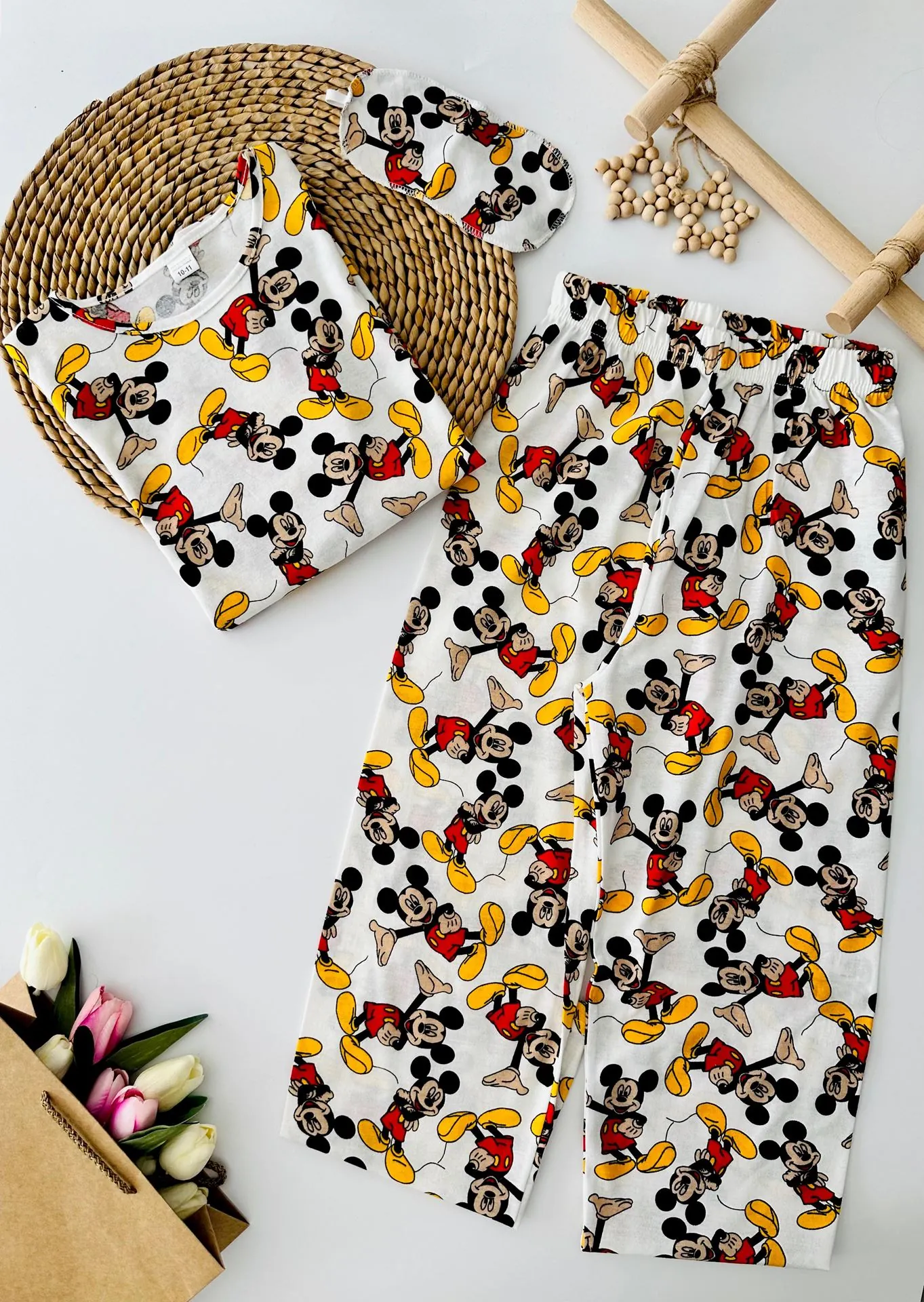 Miniğimin Cicileri Mcky Baskılı Pamuklu Kız Çocuk Pijama Takımı - Beyaz
