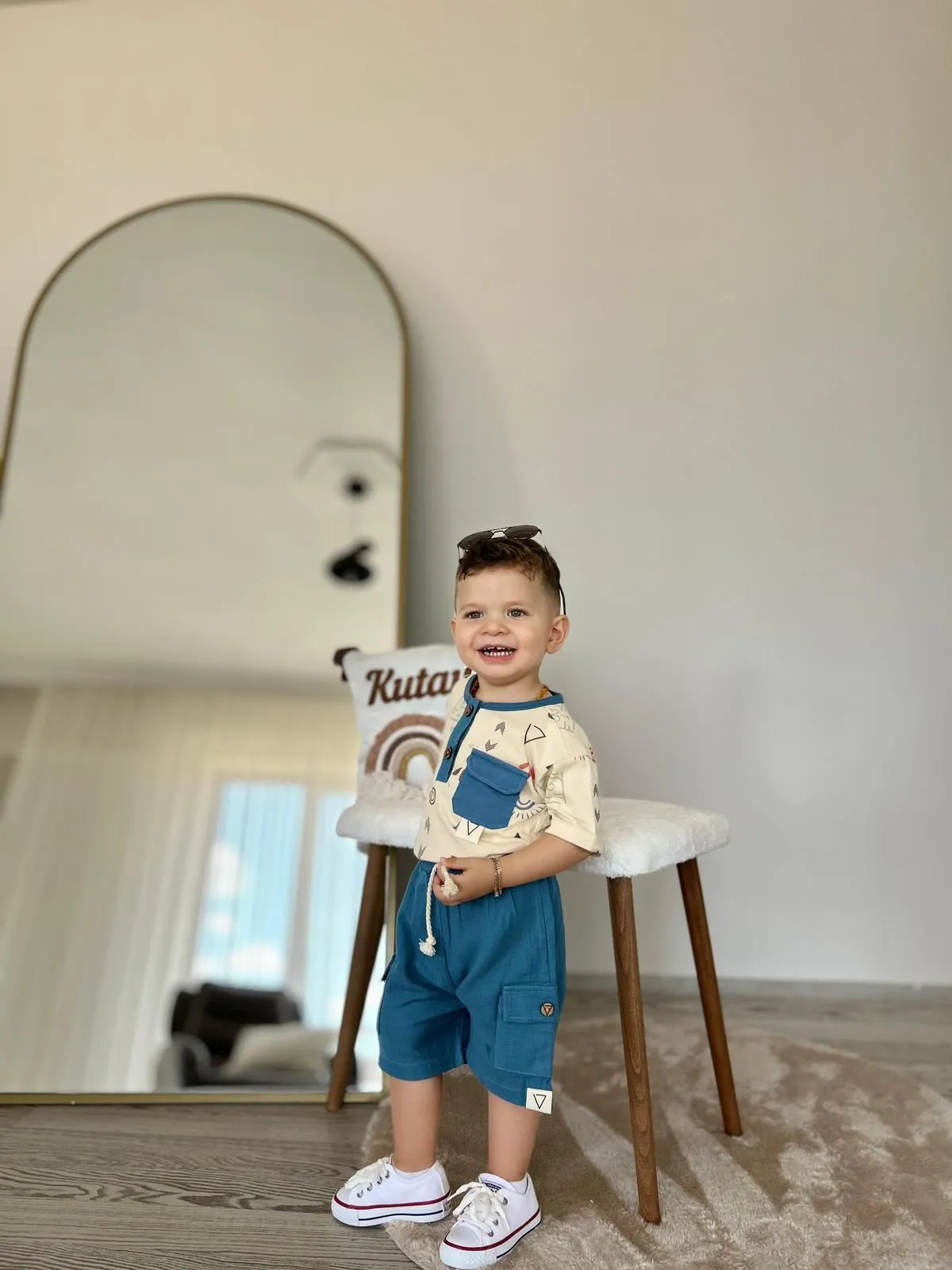 Miniğimin Cicileri Müslin Etnik Desen Cep Detaylı Tshirt Şortlu Erkek 2 li Takım - İndigo