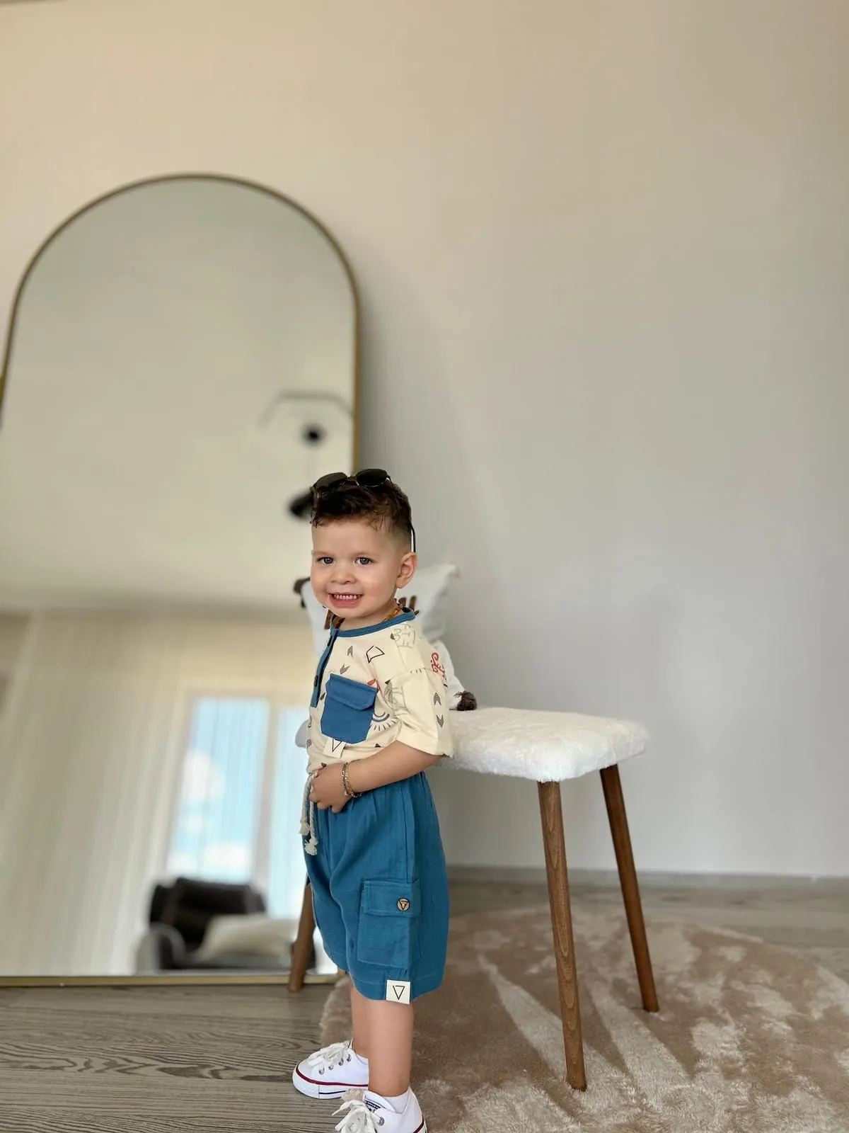 Miniğimin Cicileri Müslin Etnik Desen Cep Detaylı Tshirt Şortlu Erkek 2 li Takım - İndigo