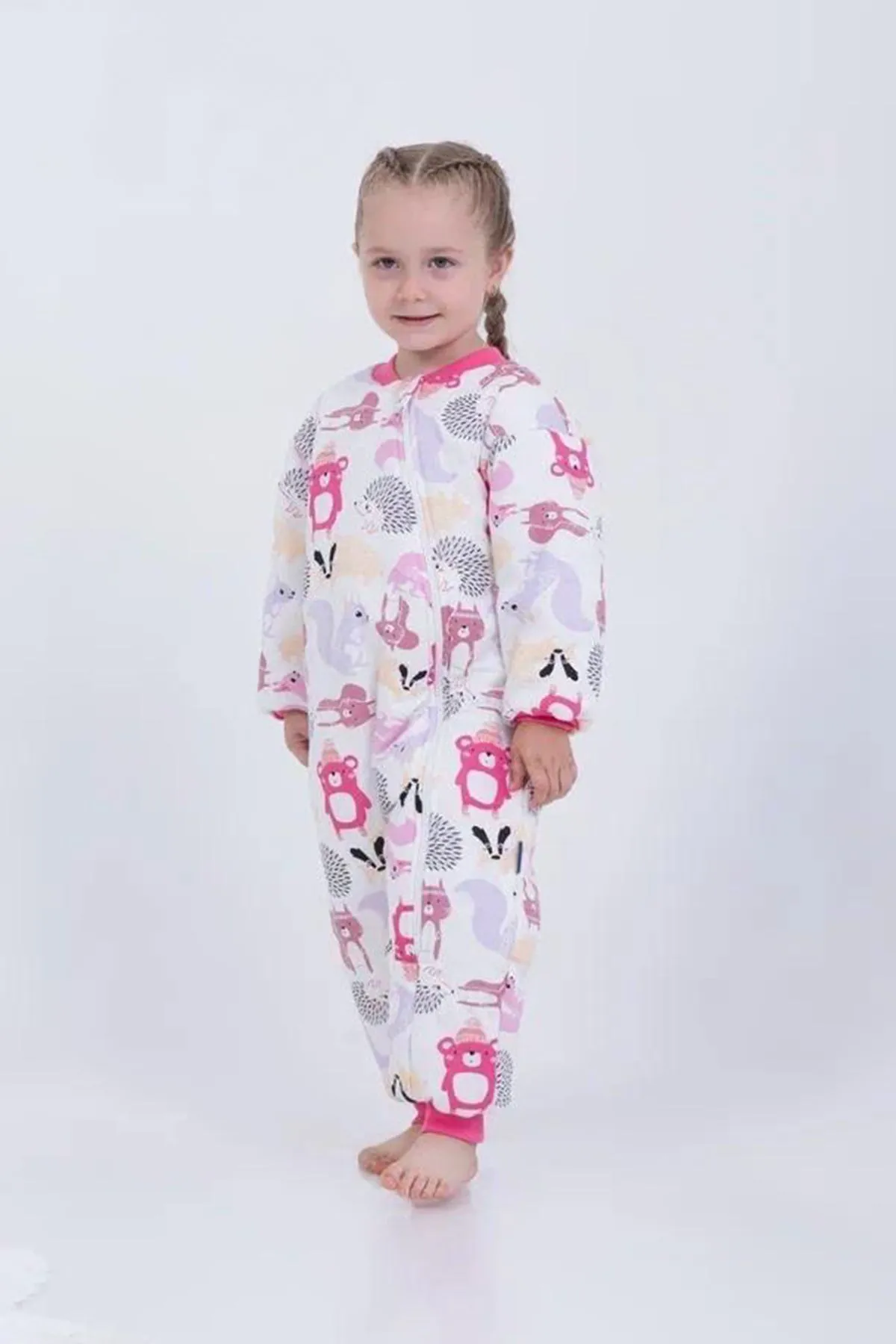 Miniğimin Cicileri Sincap ve Kirpi Kız Çocuk Elyaf Dolgulu  2.5 Tog Desenli Uyku Tulumu- Pembe