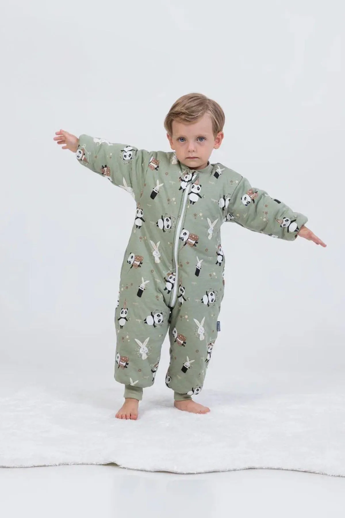 Miniğimin Cicileri Panda Erkek ve Kız Çocuk Elyaf Dolgulu  2.5 Tog Desenli Uyku Tulumu - Yeşil
