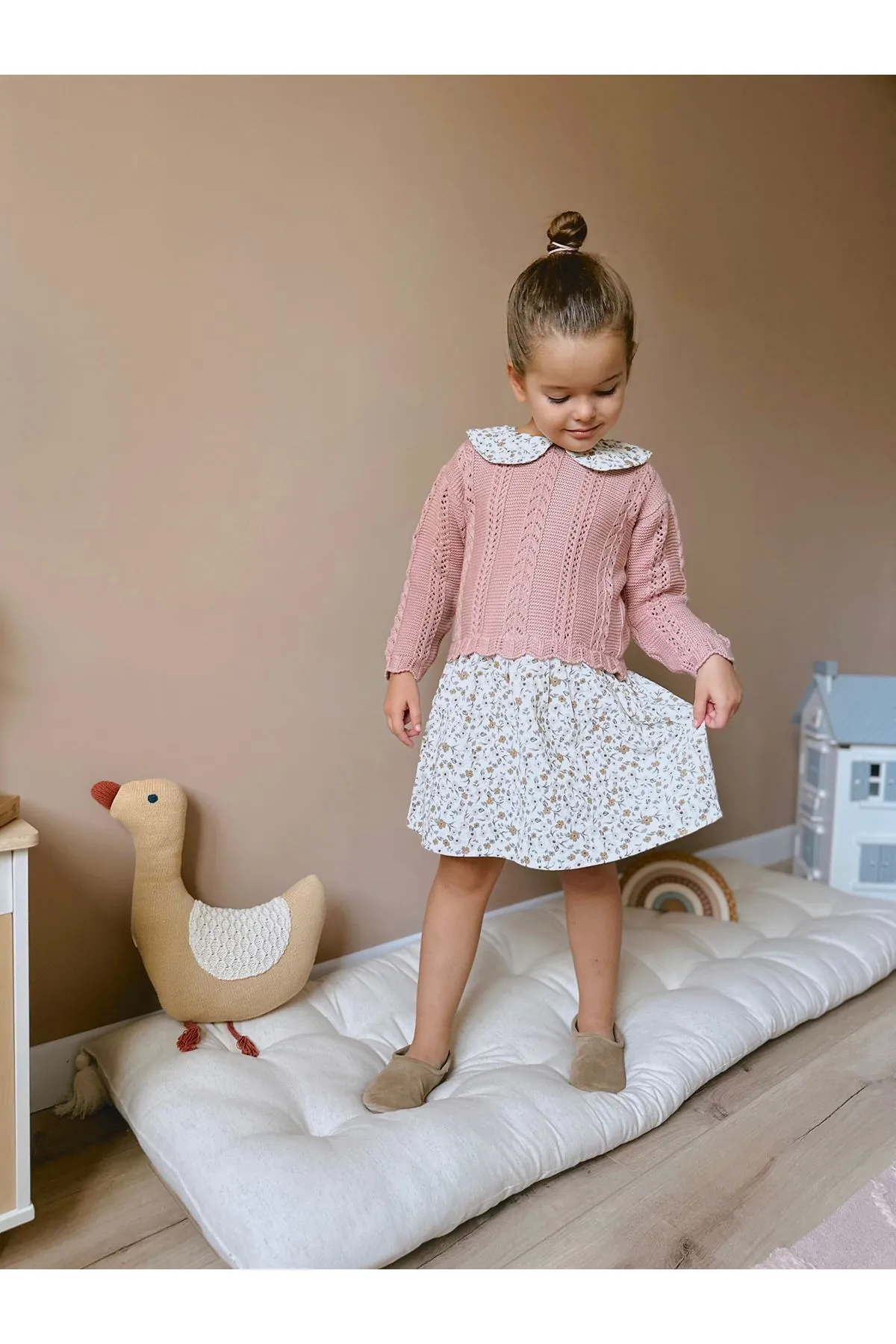 Miniğimin Cicileri Dresella Dokuma Etek ve. Yaka Detaylı Kız Çocuk Elbise - Pembe