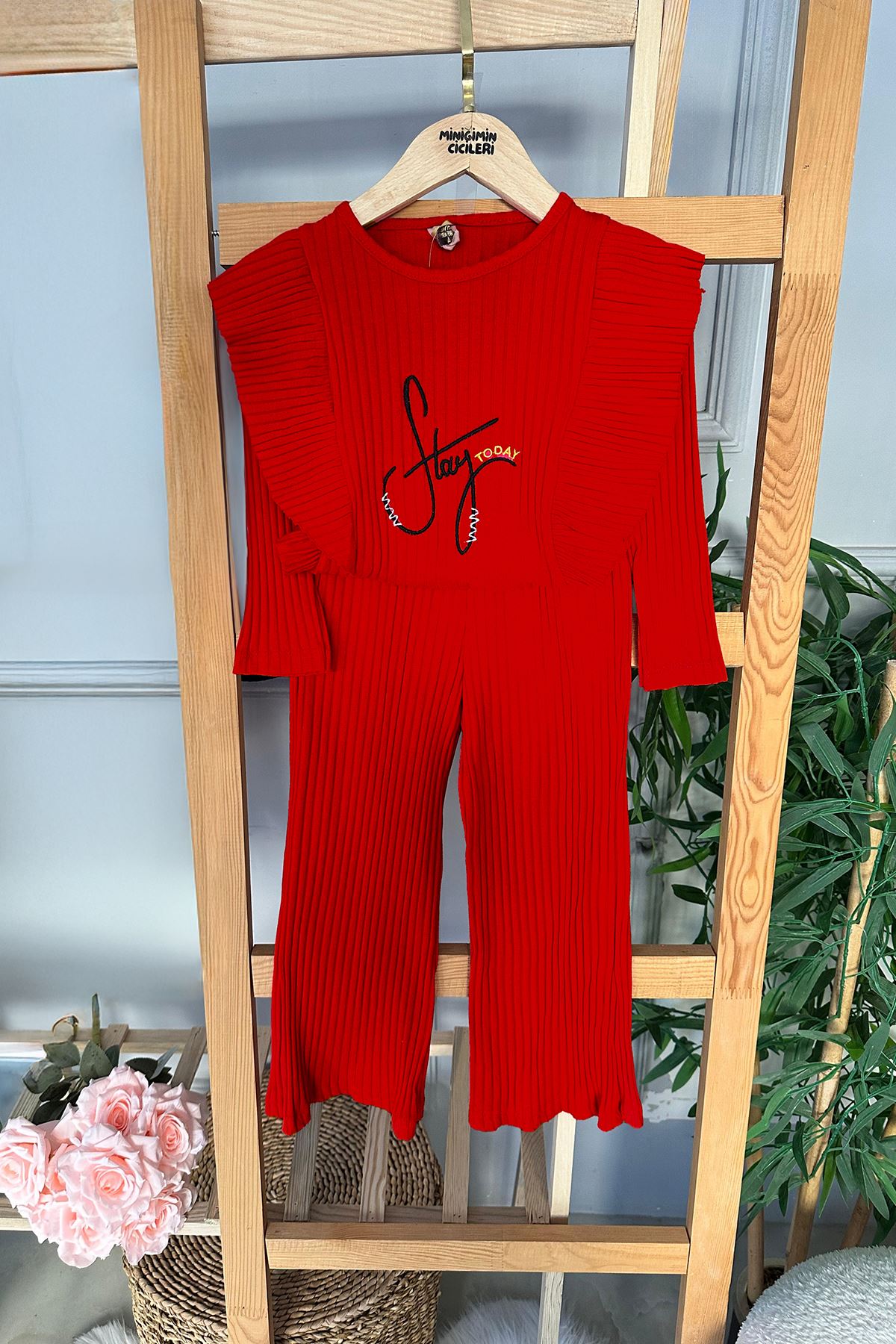 Miniğimin Cicileri (3-7 Yaş) Stay İşleme Fırfır Detaylı Kız Çocuk Fitilli 2 li Takım - Kırmızı