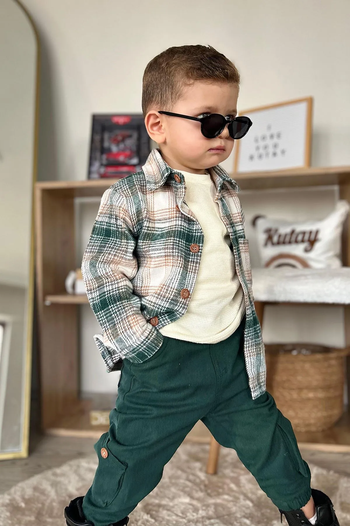 Miniğimin Cicileri Ekose Gömlekli 3 Lü Erkek Bebe Takım - Yeşil