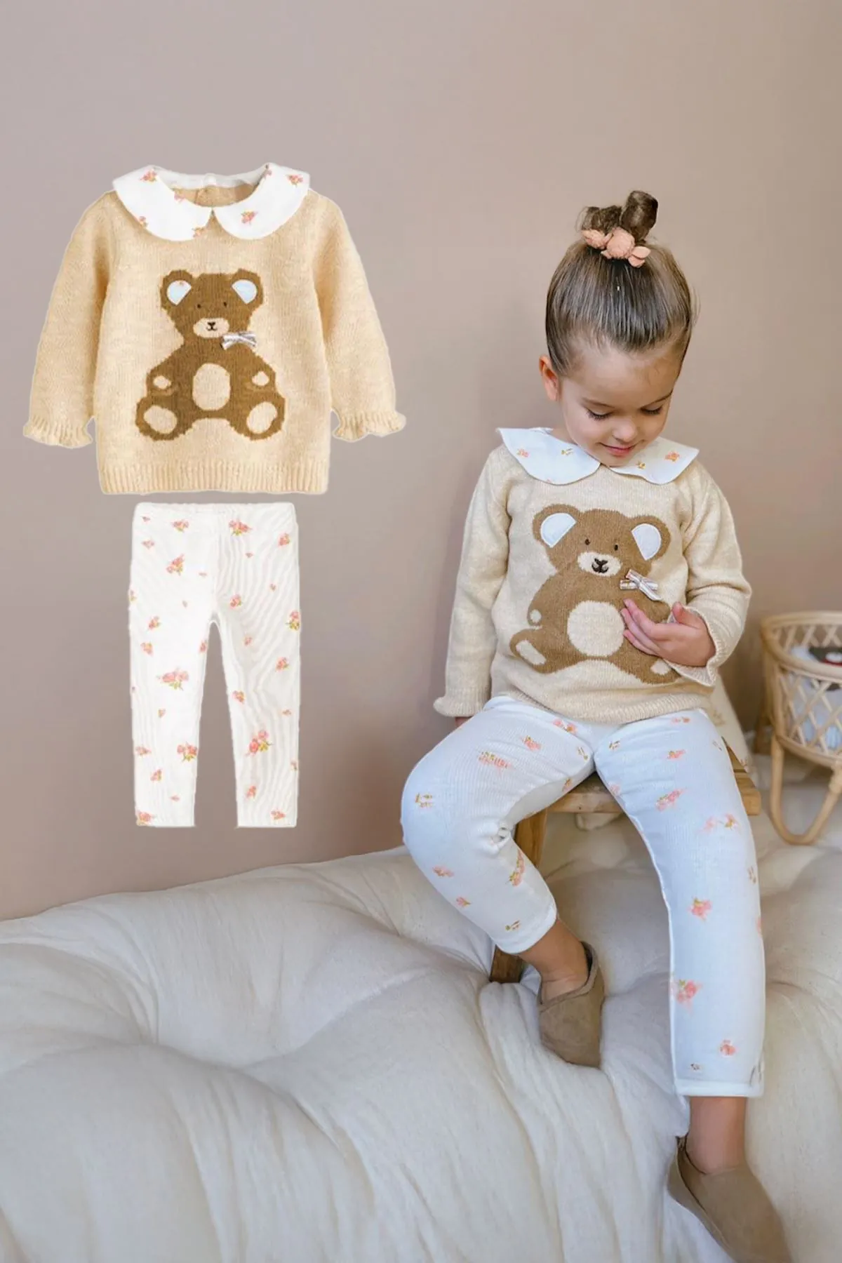 Miniğimin Cicileri Bear Desenli Triko Yakalı Kız Çocuk 2 li Takım - Bej