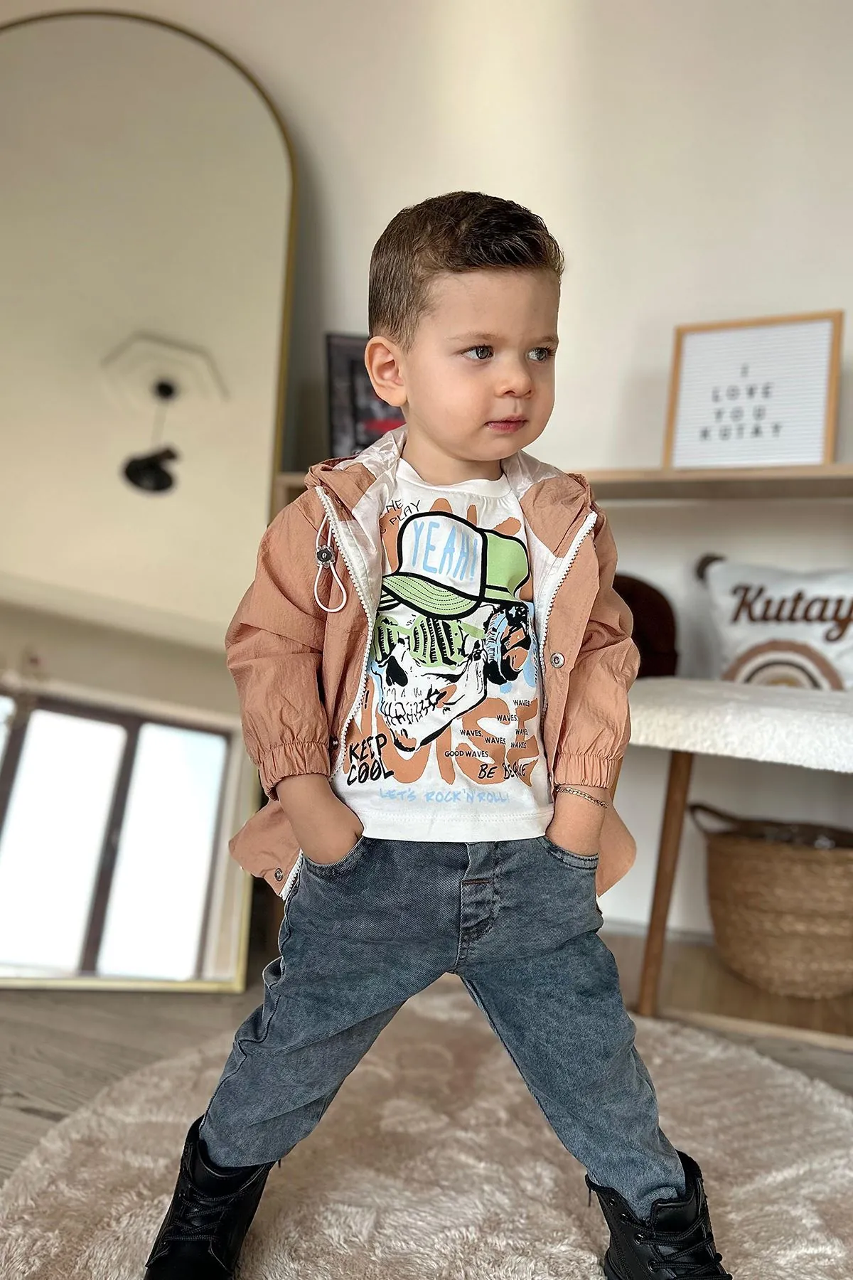 Miniğimin Cicileri Kurukafa Desenli Yağmurluklu Erkek Çocuk 3 Lü Takım - Camel