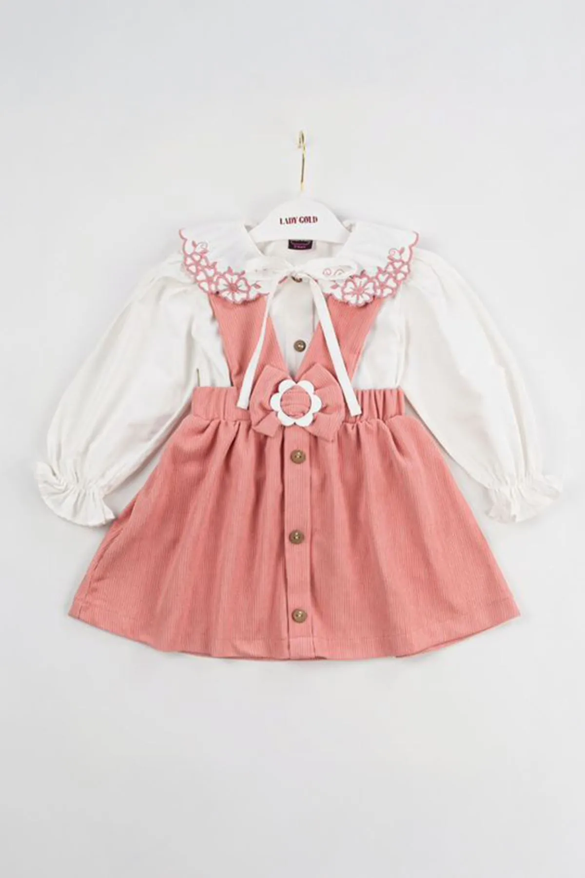 Miniğimin Cicileri Çiçek Yaka Detaylı Kadife Salopetli Elbise 2 li Takım - Pembe