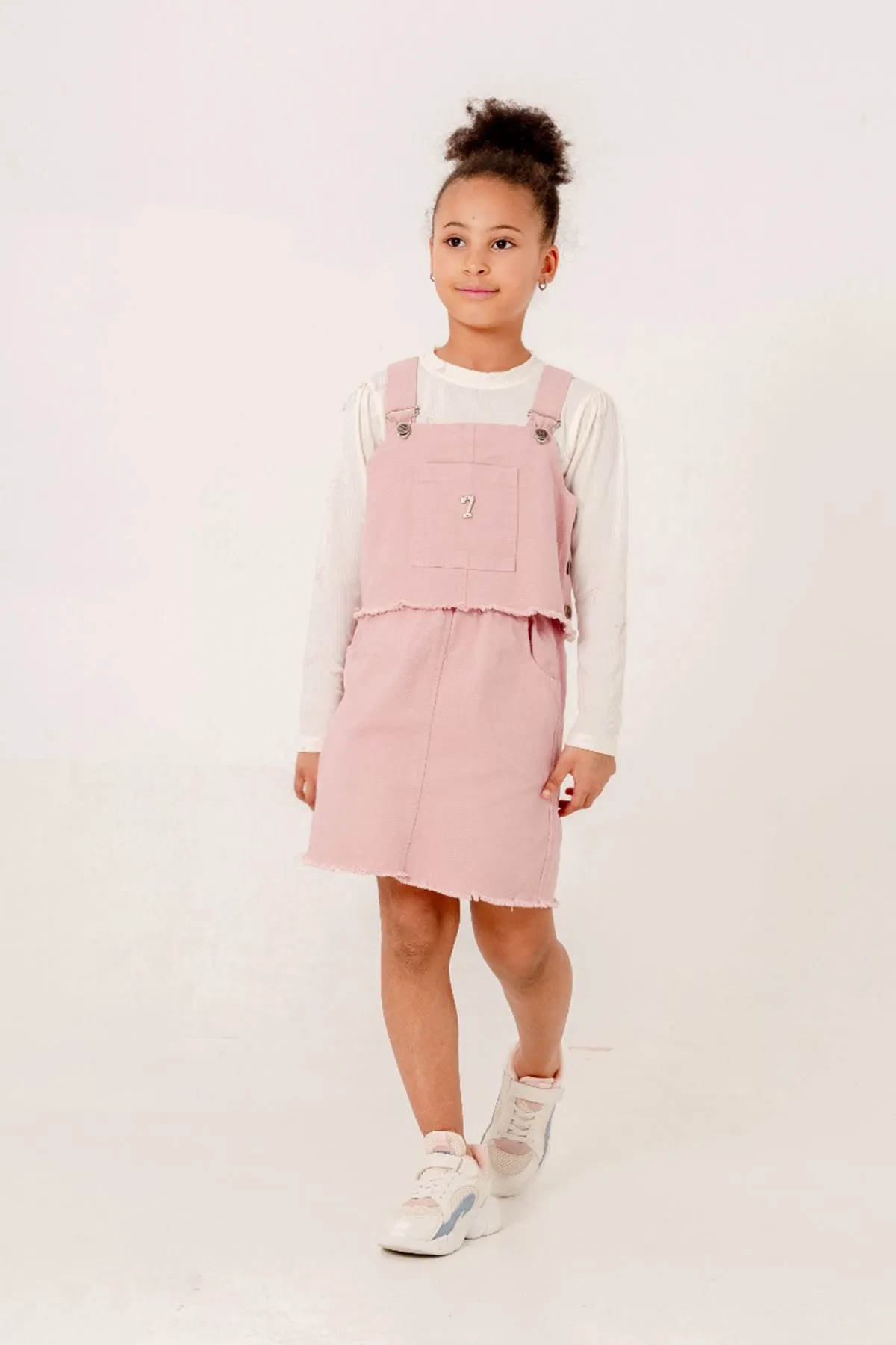 Miniğimin Cicileri (8-12 Yaş) Gabardin Püsküllü Salopet Yelek Etekli 3 lü takım - Pembe