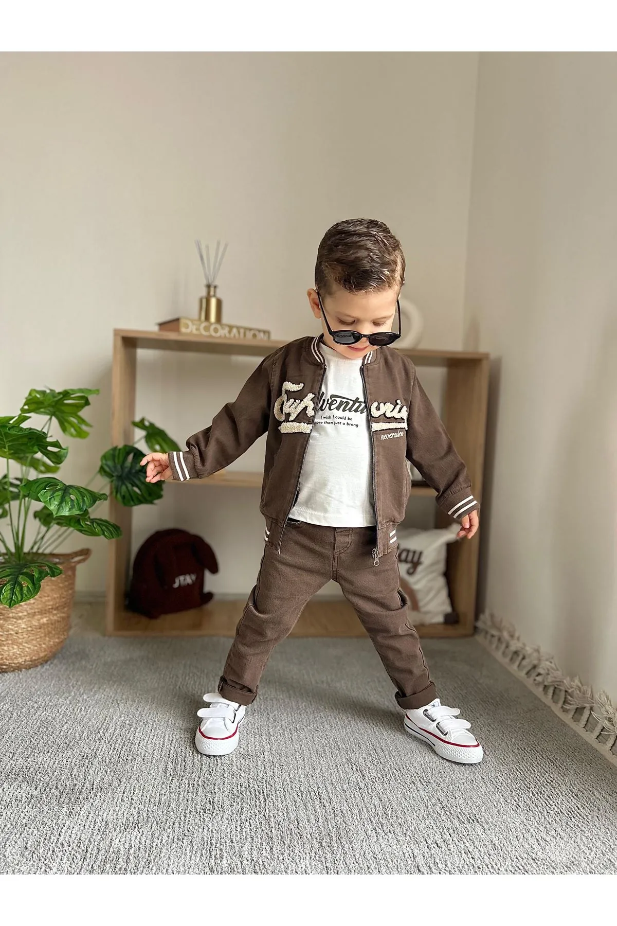 Miniğimin Cicileri (1-4 Yaş) Kolej Yaka Ceketli  Erkek Çocuk 3 Lü Takım - Kahverengi