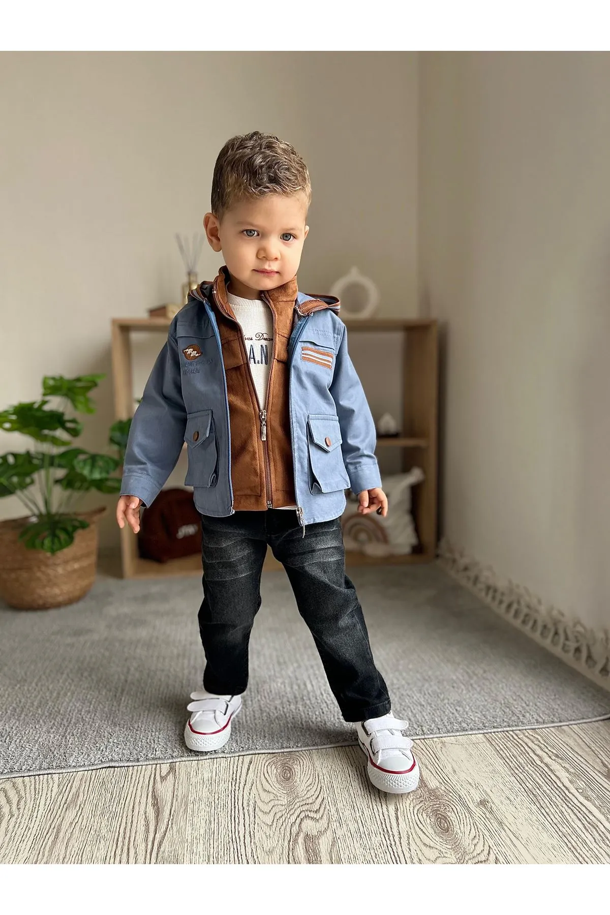 Miniğimin Cicileri Lifeis Meantto Good 4 parça Süet yelekli Kapüşonlu Ceketli Takım - indigo