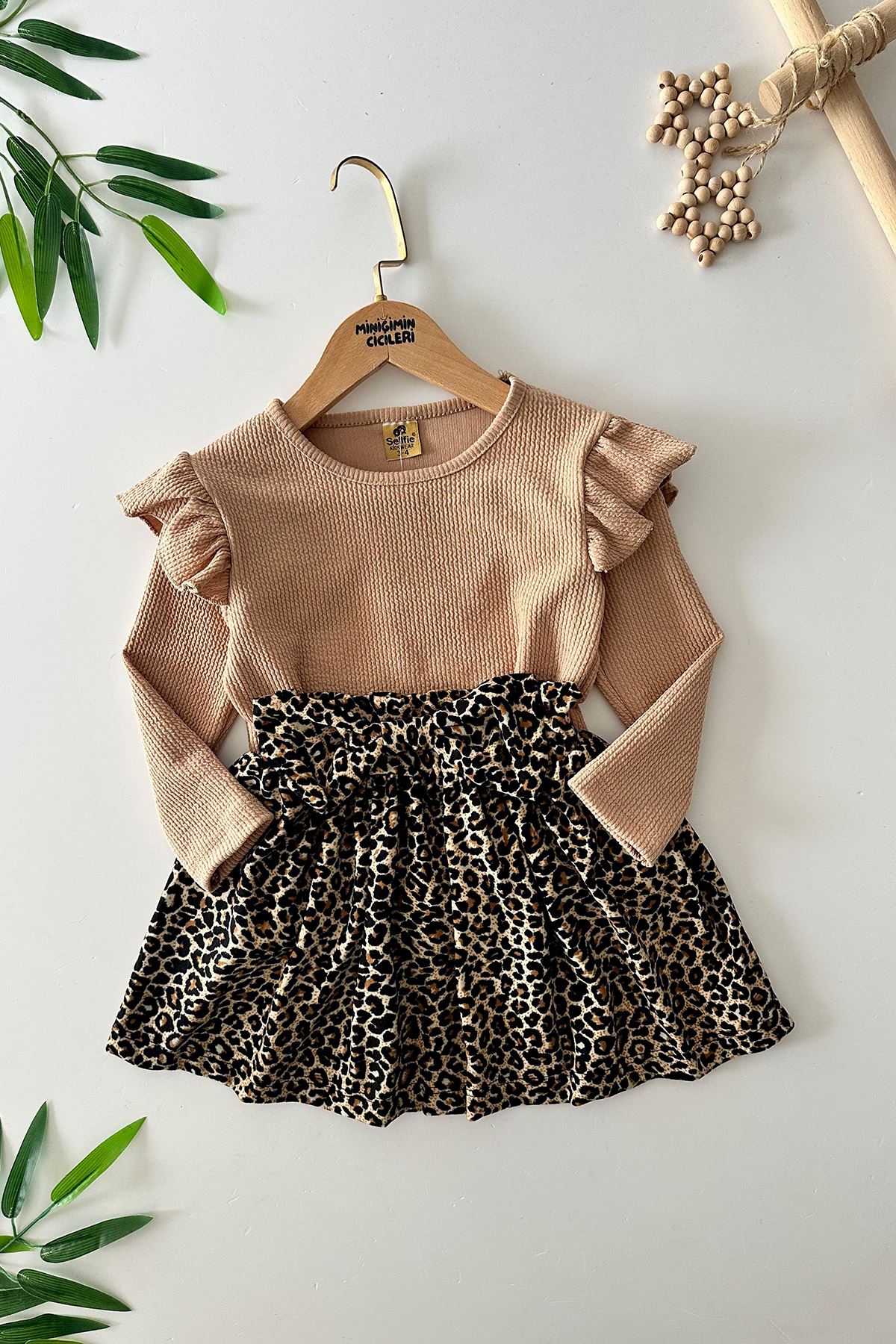 Miniğimin Cicileri Leopar Fiyonk Detaylı Etekli Kız Çocuk 2 li Takım - Kahverengi