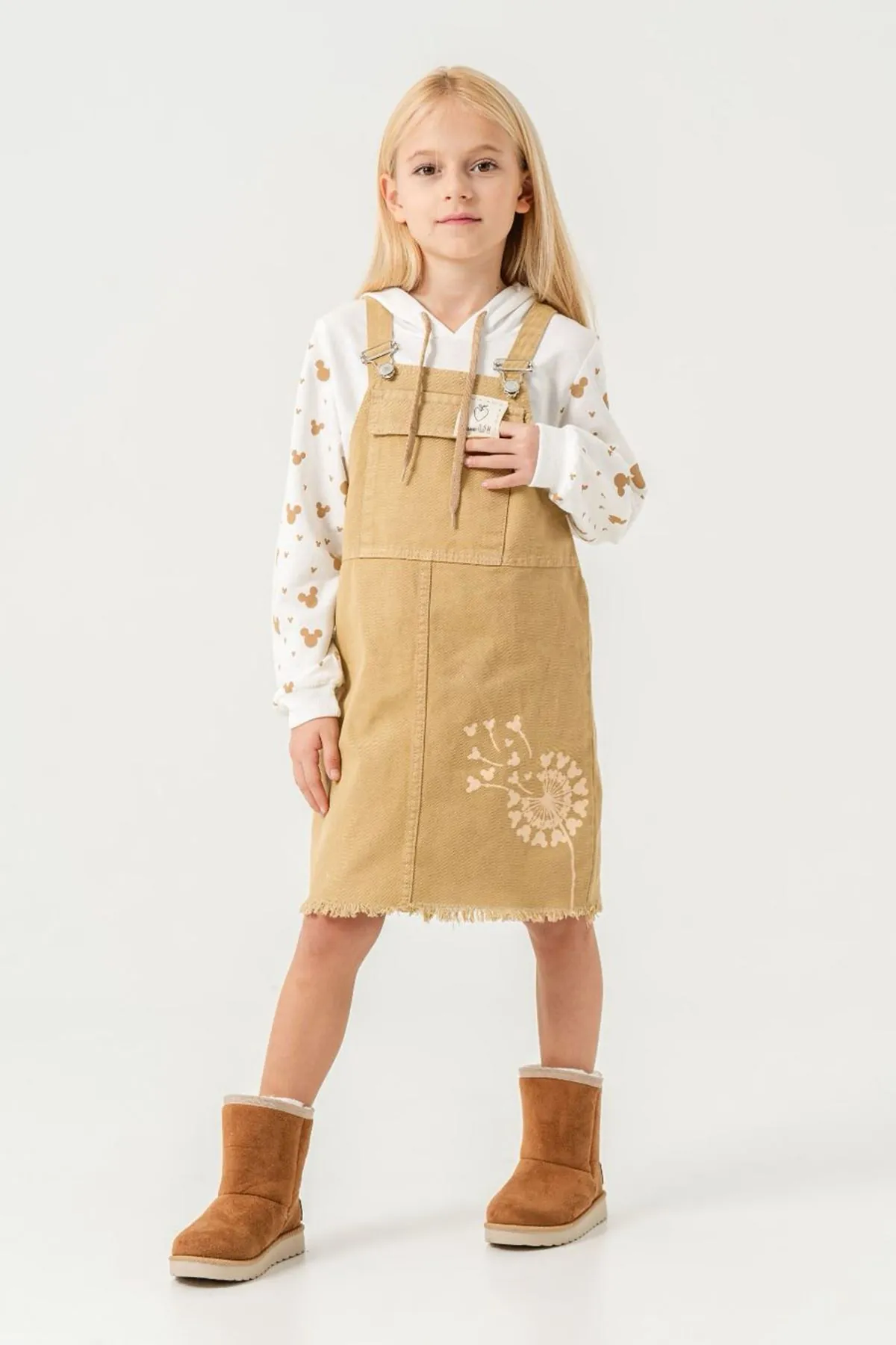 Miniğimin Cicileri (10-13 Yaş) Gabardin Salopet Kapüşonlu Mnn Baskılı Sweat 2 li Takım - Camel