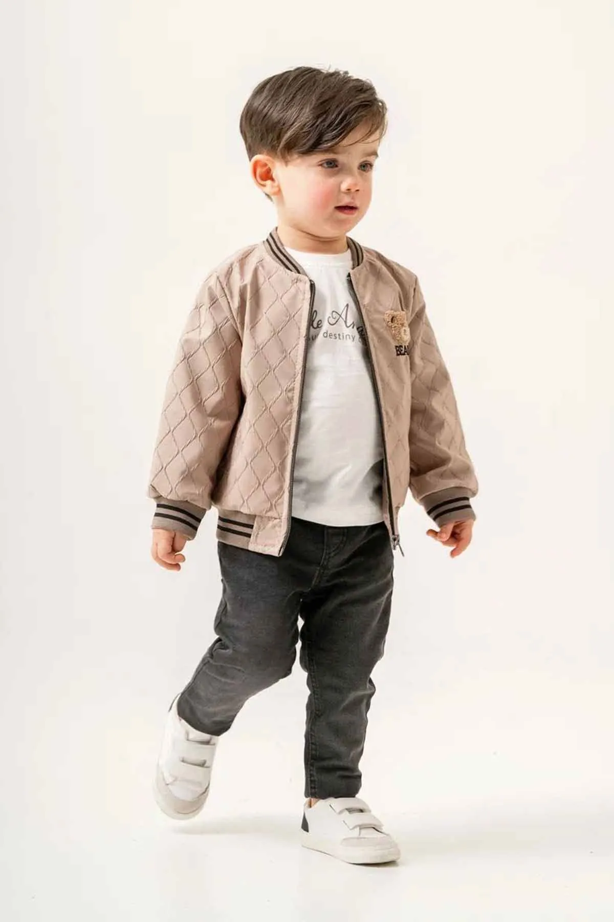 Miniğimin Cicileri (9-24 Ay) Deri Bear Fırçalı İşlemeli Erkek Bebe 3 lü Takım - Bej