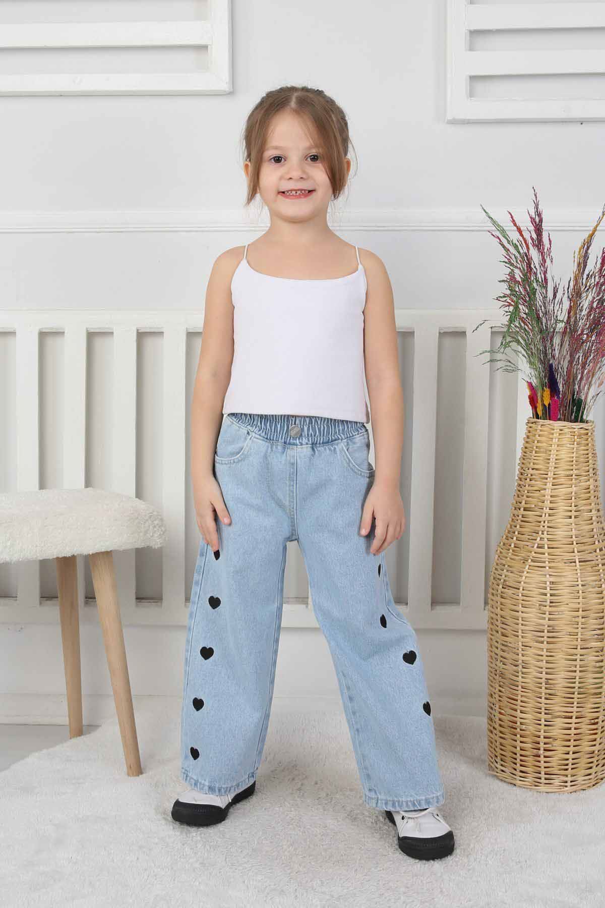 Miniğimin Cicileri Kalp İşleme Detaylı Kız Çocuk Pantolon - Açık Mavi