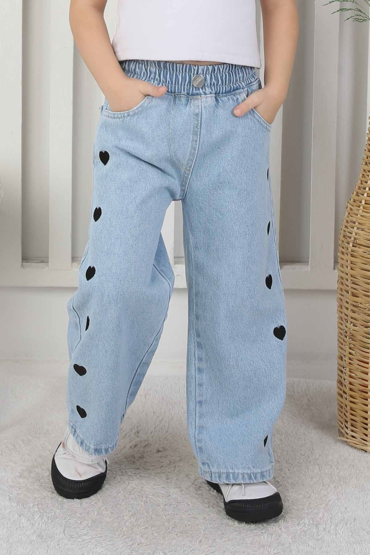 Miniğimin Cicileri Kalp İşleme Detaylı Kız Çocuk Pantolon - Açık Mavi
