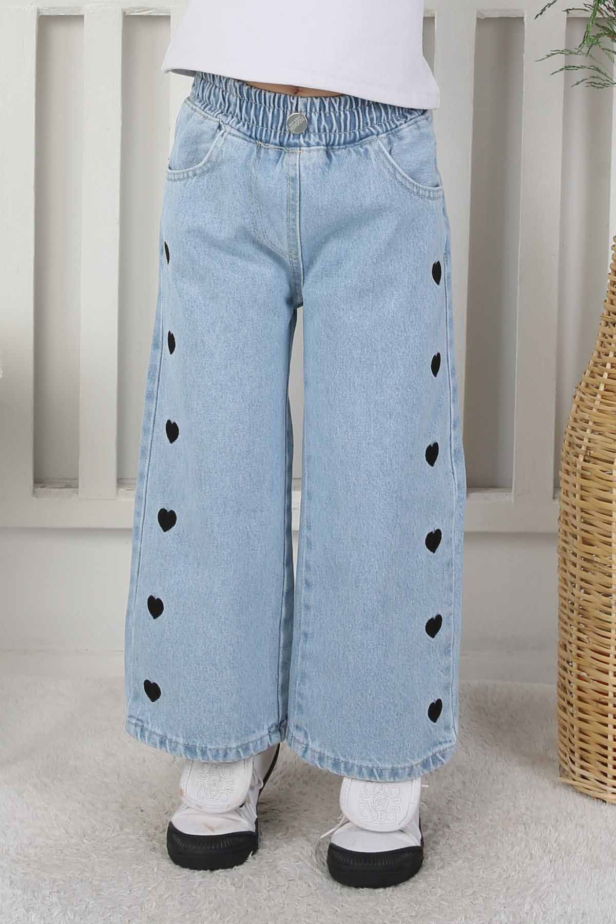 Miniğimin Cicileri Kalp İşleme Detaylı Kız Çocuk Pantolon - Açık Mavi