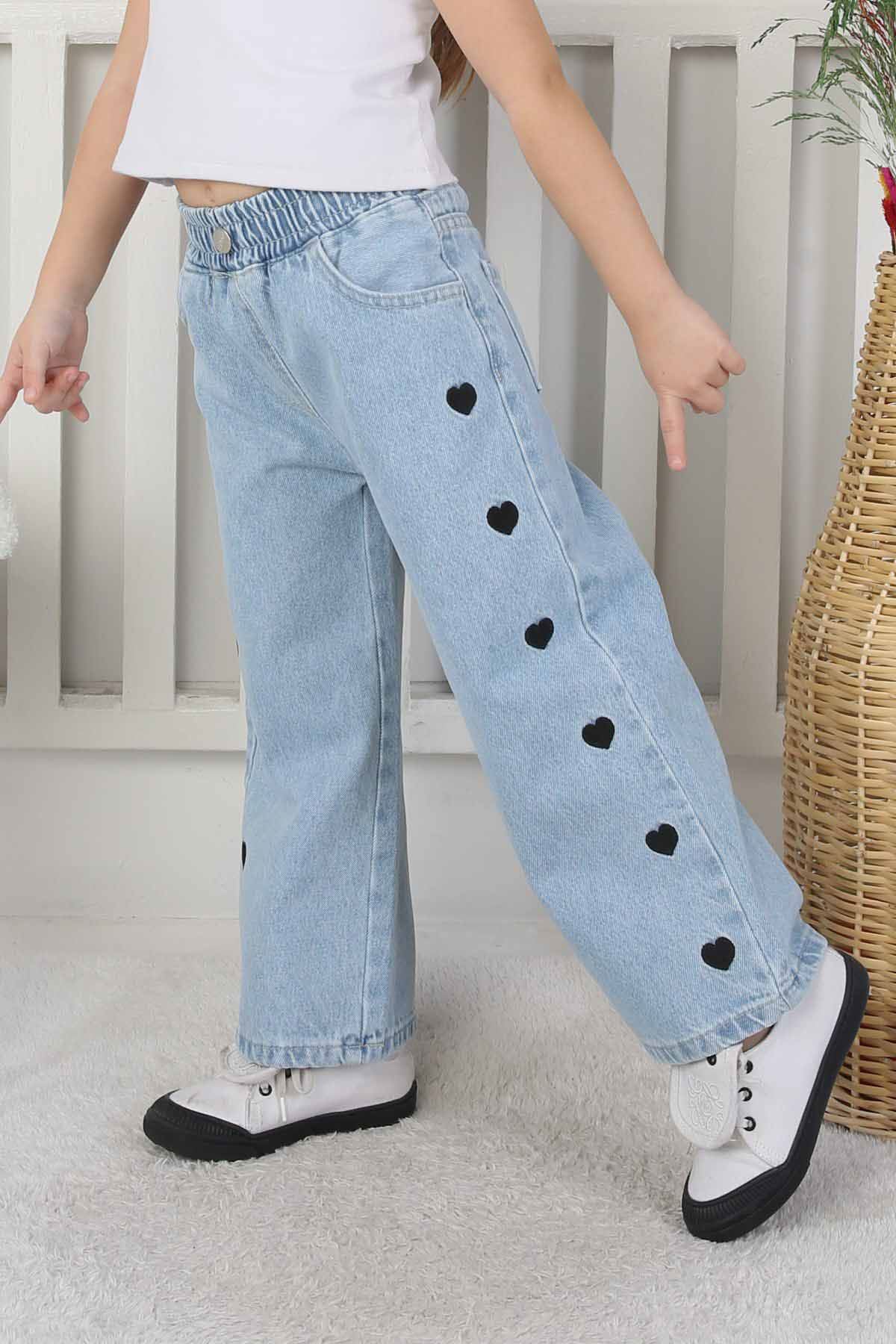 Miniğimin Cicileri Kalp İşleme Detaylı Kız Çocuk Pantolon - Açık Mavi