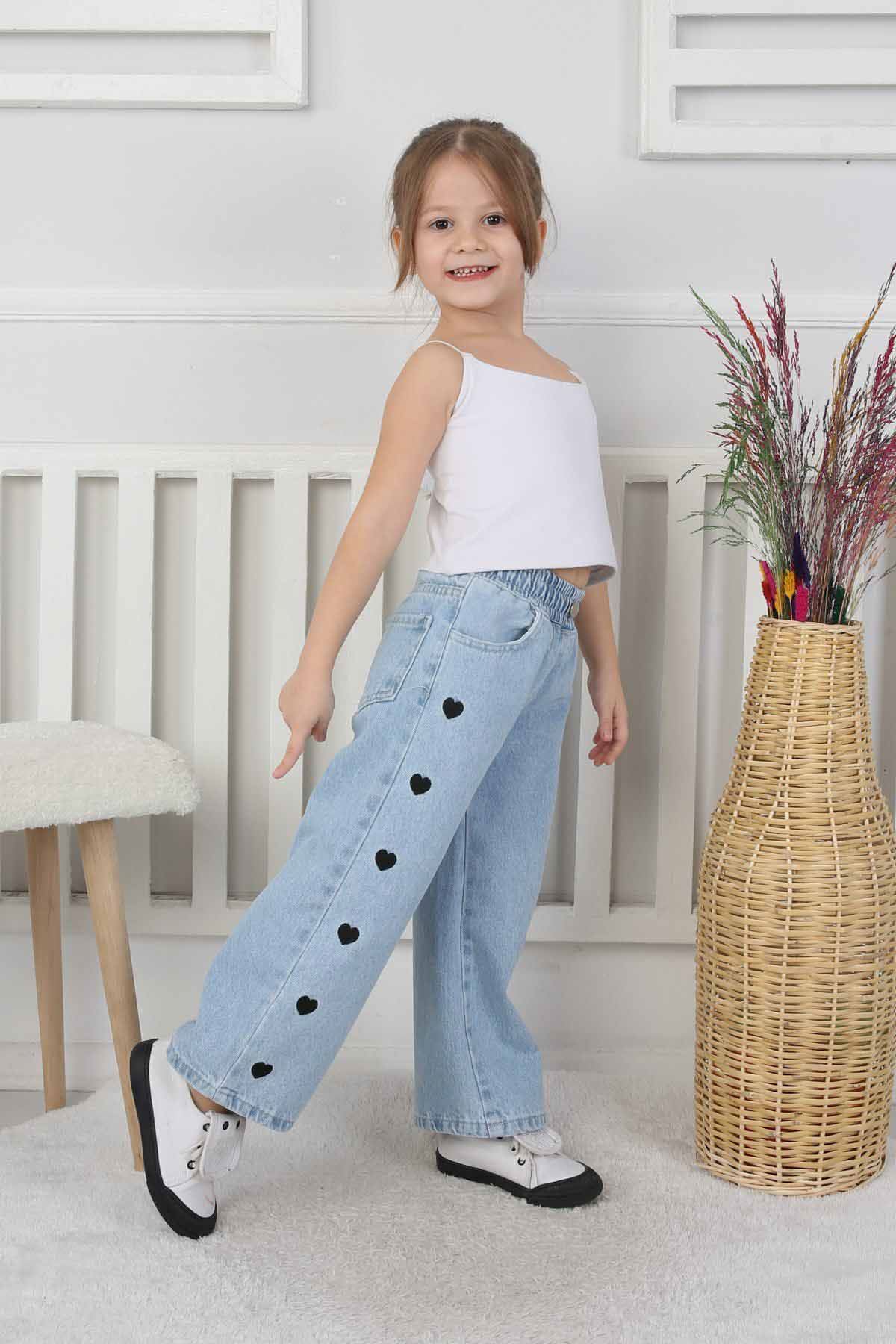 Miniğimin Cicileri Kalp İşleme Detaylı Kız Çocuk Pantolon - Açık Mavi