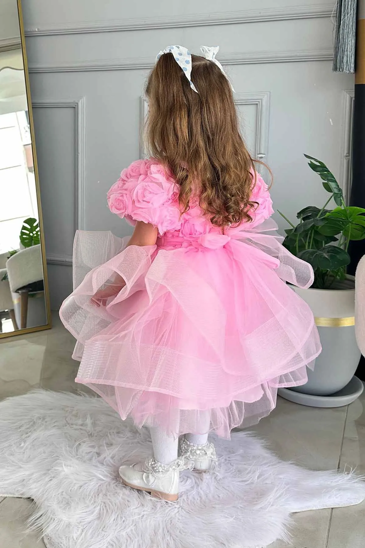 Miniğimin Cicileri Dokulu Kız Çocuk Tüllü Abiye - Pembe
