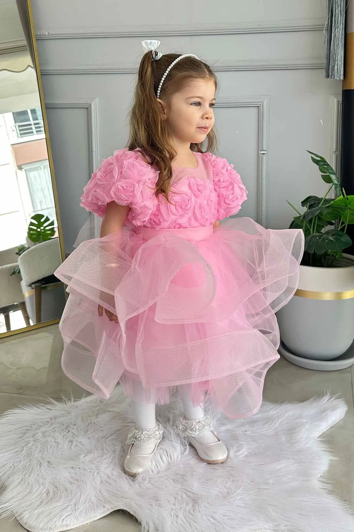 Miniğimin Cicileri Dokulu Kız Çocuk Tüllü Abiye - Pembe