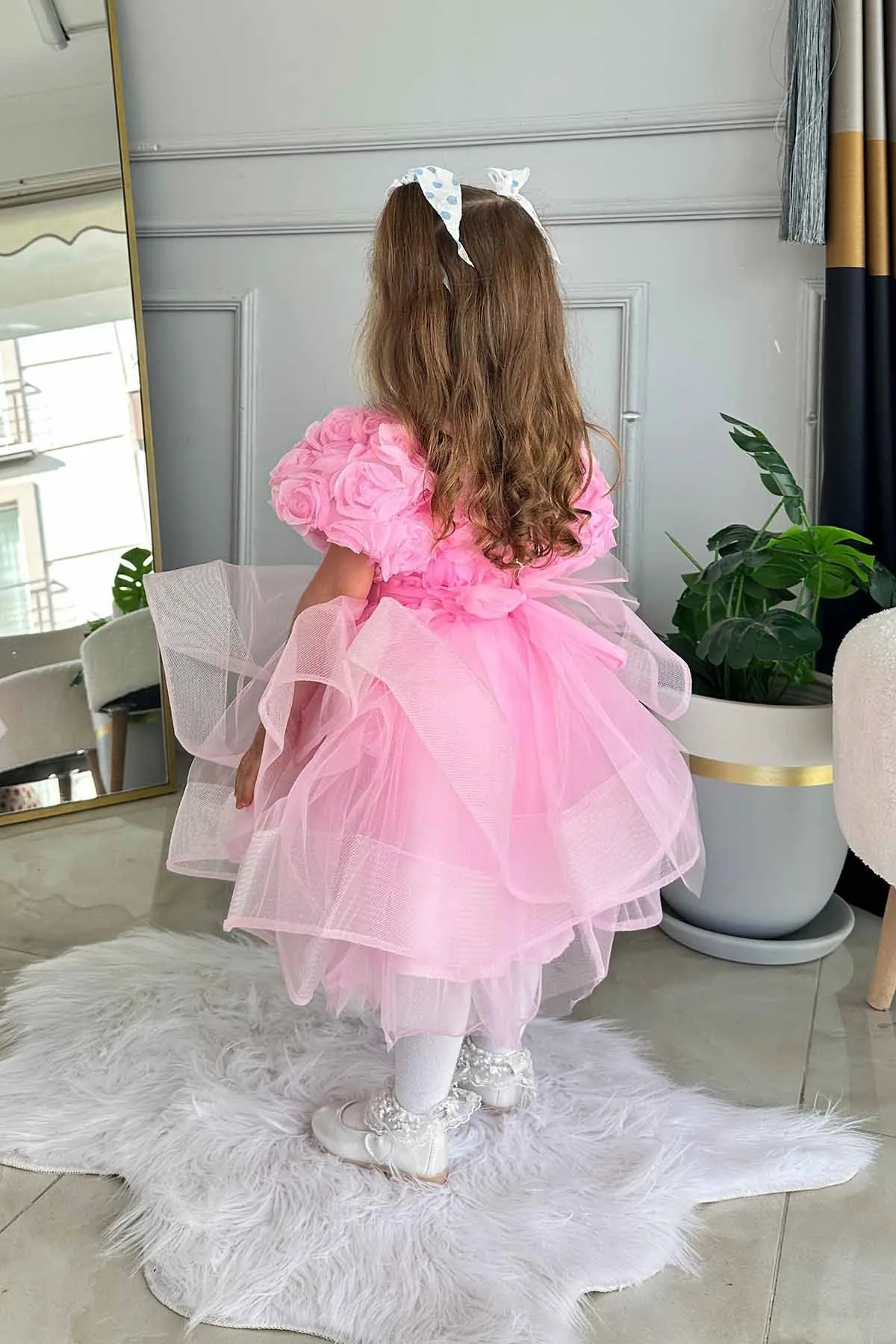 Miniğimin Cicileri Dokulu Kız Çocuk Tüllü Abiye - Pembe