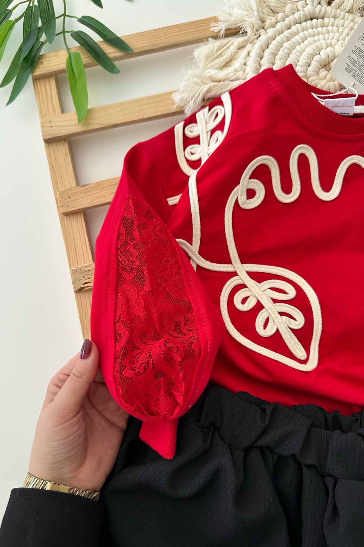 Miniğimin Cicileri Balon Etekli Yaprak İşleme Detaylı Tük kol Detaylı Kız Çocuk 2 li Takım - Kırmızı