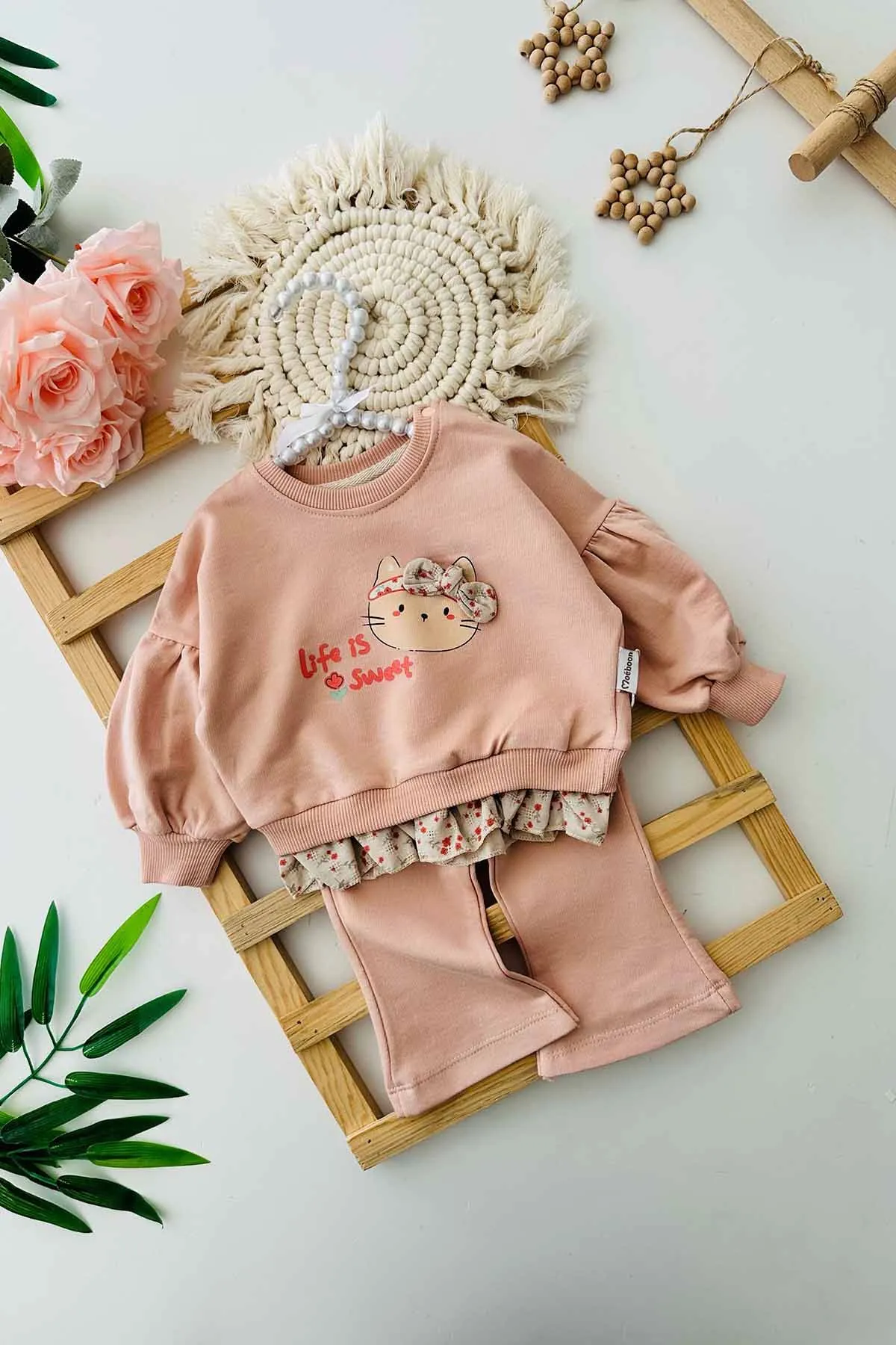 Miniğimin Cicileri Life İs Sweat Kedicik Desenli Kız Bebe 2 li Pamuklu Takım - Somon