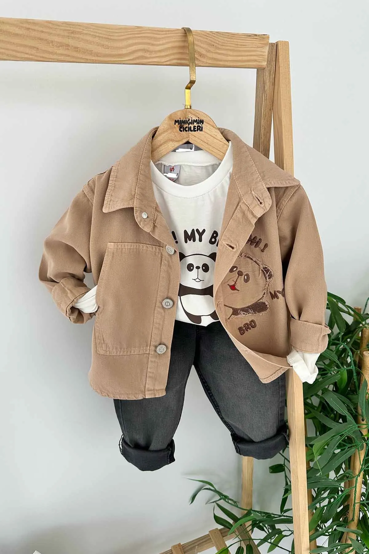 Miniğimin Cicileri Panda Baskılı Gabardin Erkek Çocuk 3 lü Takım - Vizon