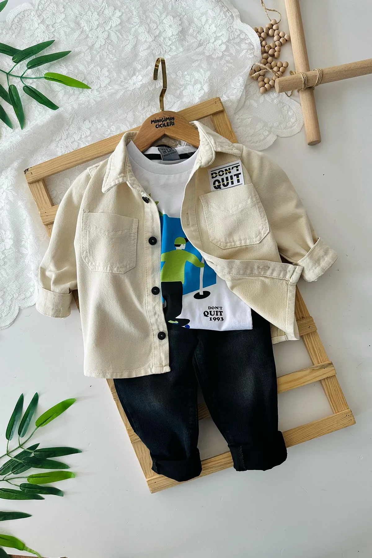Miniğimin Cicileri Don’t Quit Cepli Gabardin Erkek Çocuk 3 lü Takım - Krem