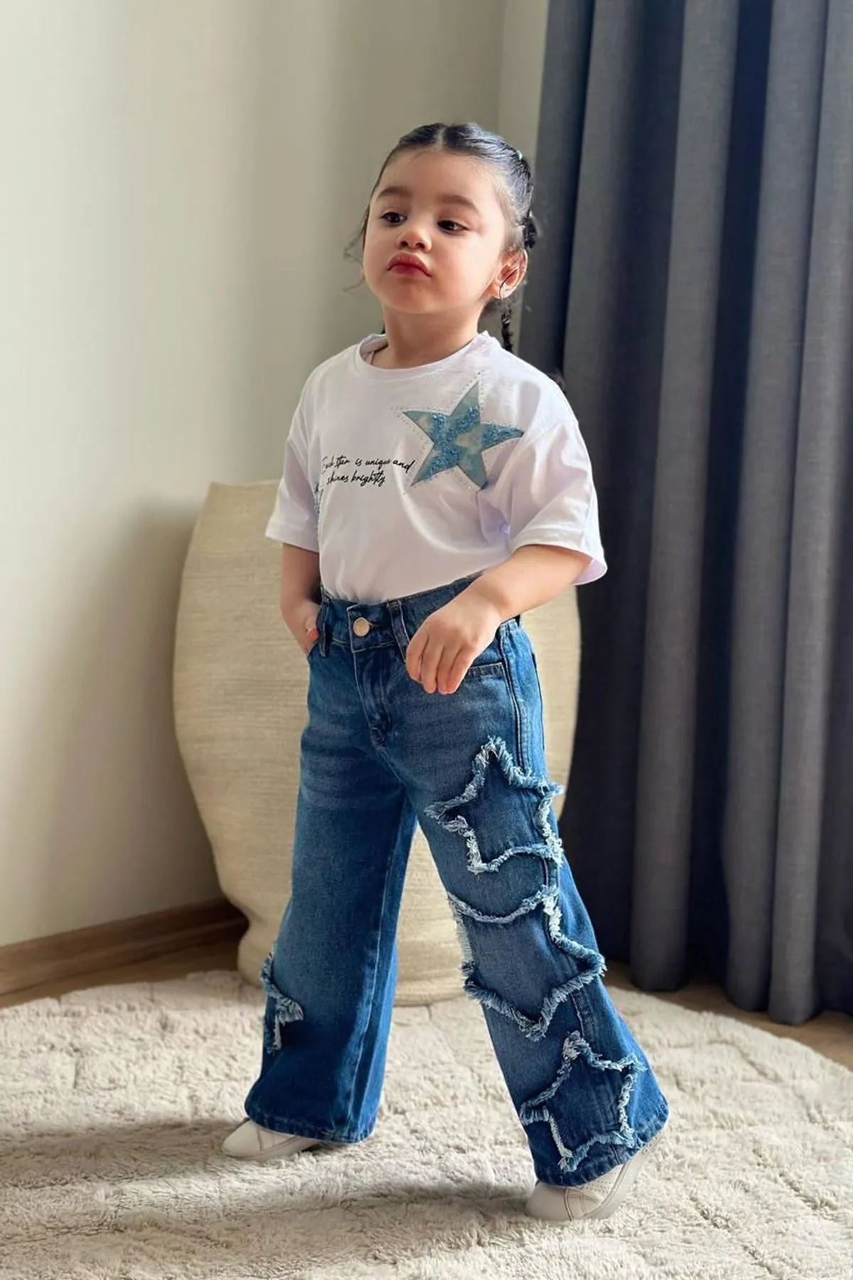 Miniğimin Cicileri Yıldız Desenli Kotlu Kız Çocuk 2 li Takım - Mavi