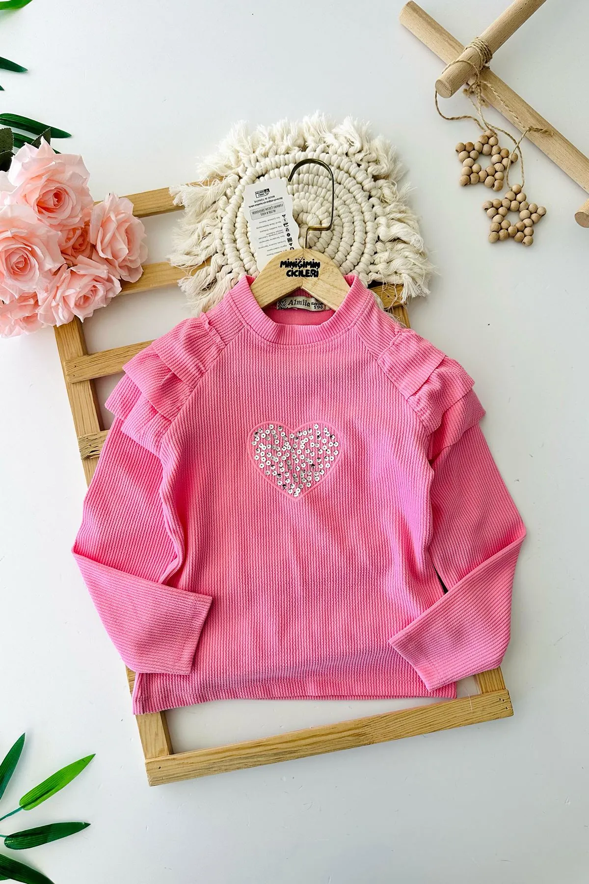 Miniğimin Cicileri Kalp Taş Detaylı Kol Fırfır Detaylı Kız Çocuk Sweat - Pembe