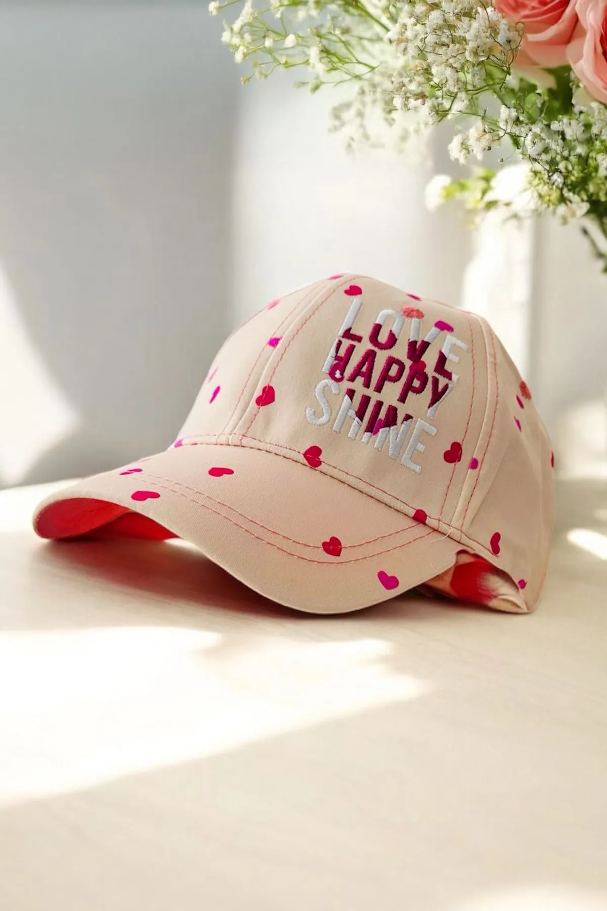 Miniğimin Cicileri (4-8 Yaş) Kalp Love Detaylı Kız Çocuk Kep Şapka - Somon