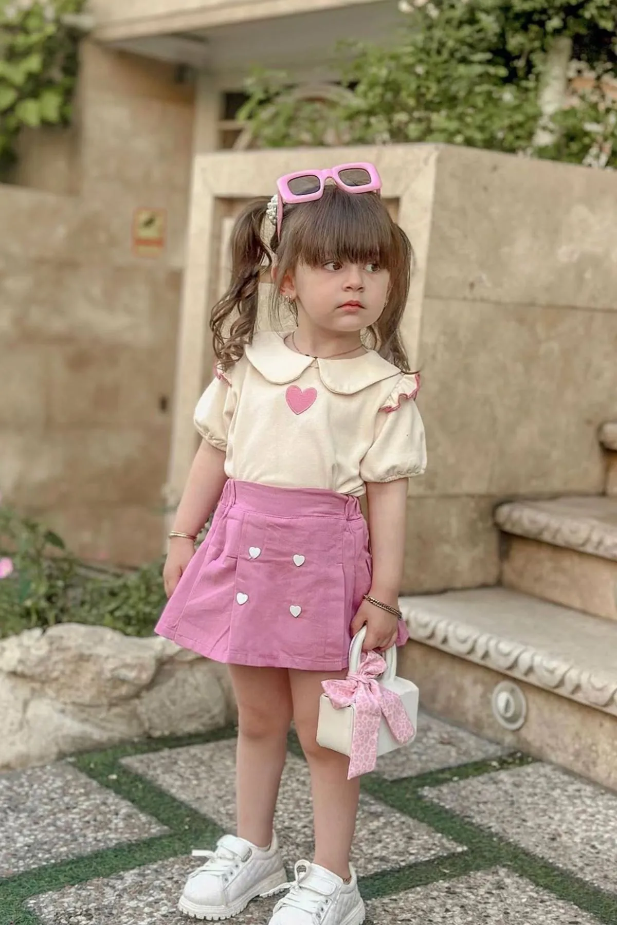 Miniğimin Cicileri Kalp Detaylı Şortlu Kız Çocuk 2 li Takım - Pembe