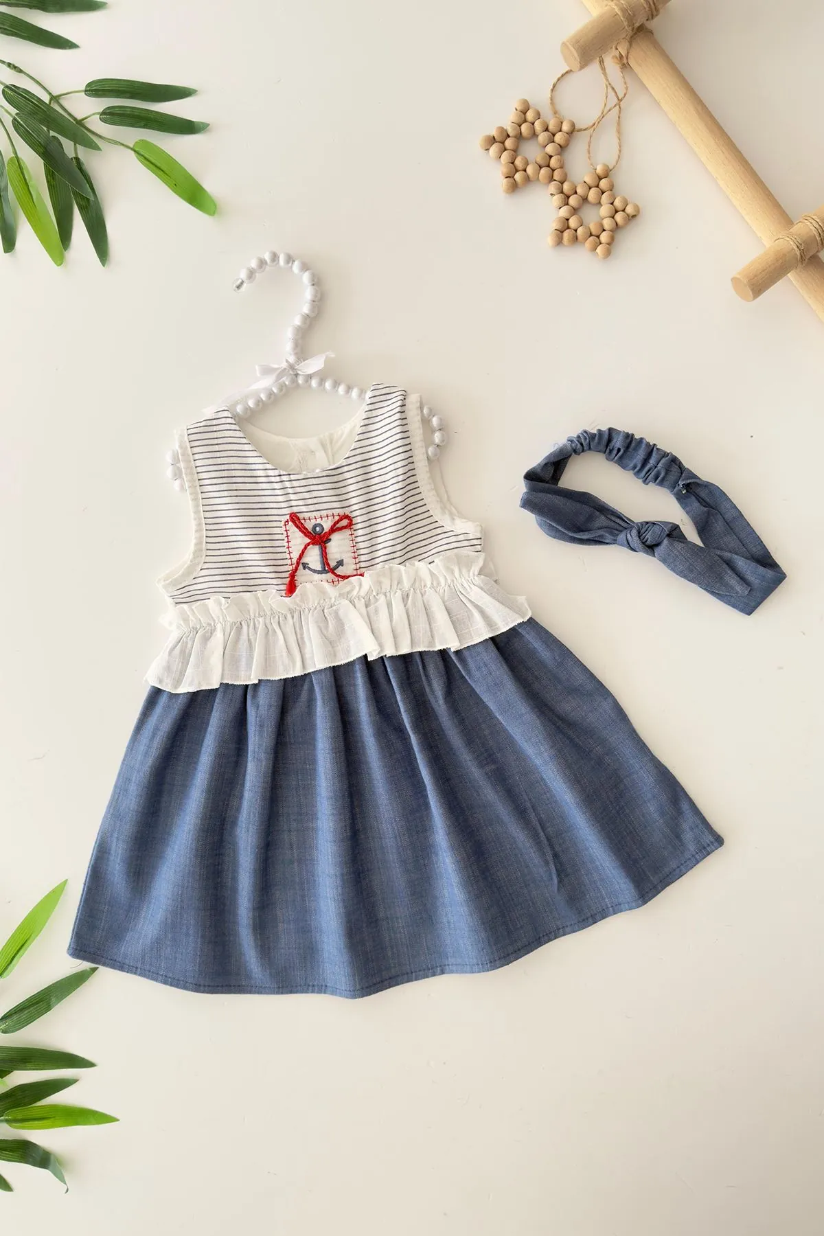Miniğimin Cicileri Denizci Desen Kız Bebe Bandanalı Elbise - Mavi