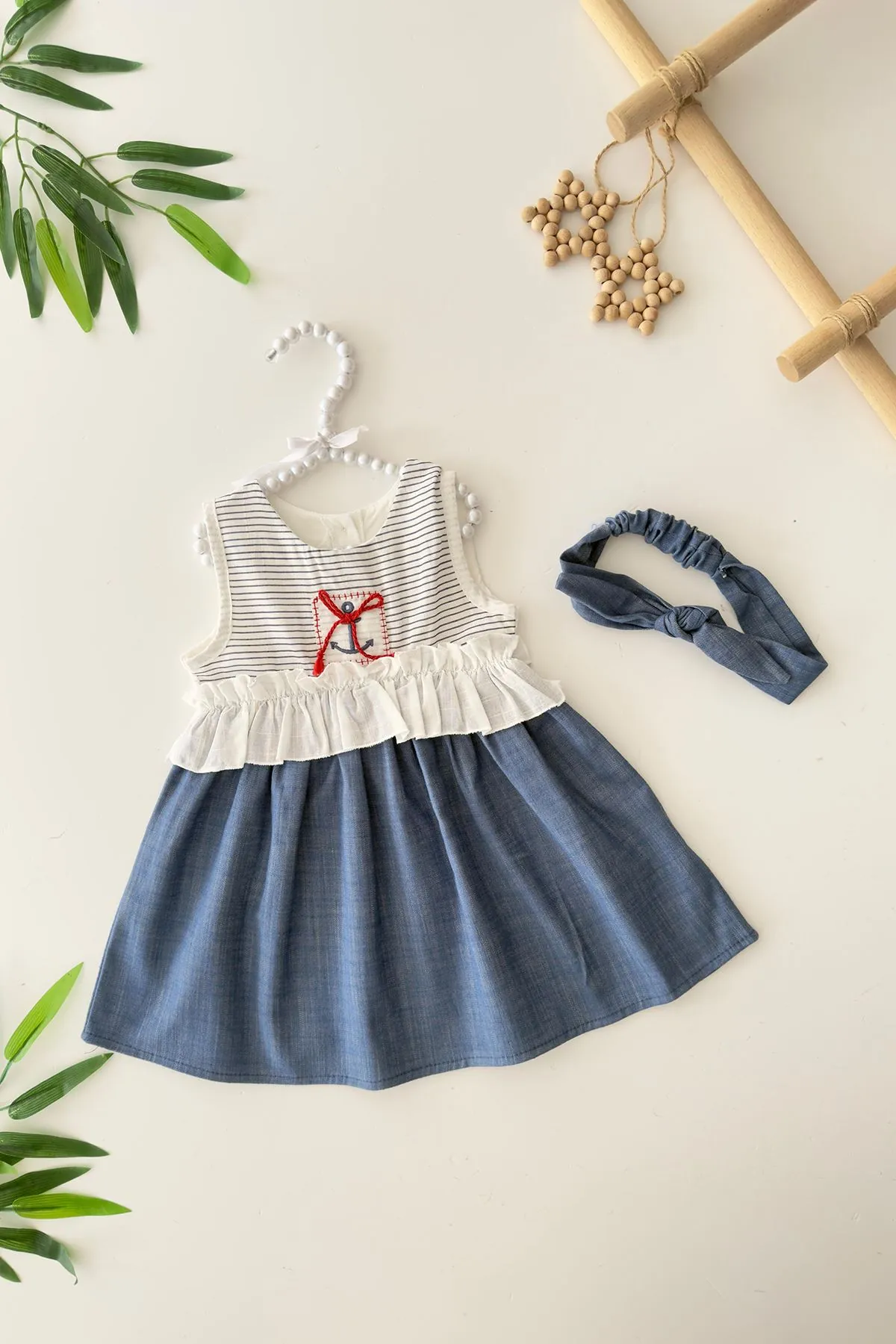 Miniğimin Cicileri Denizci Desen Kız Bebe Bandanalı Elbise - Mavi