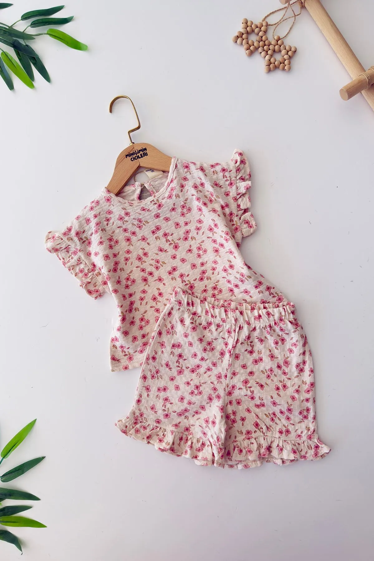 Miniğimin Cicileri Müslin Çiçek Bezeli Kız Bebe 2 li Pamuk Takım - Pembe