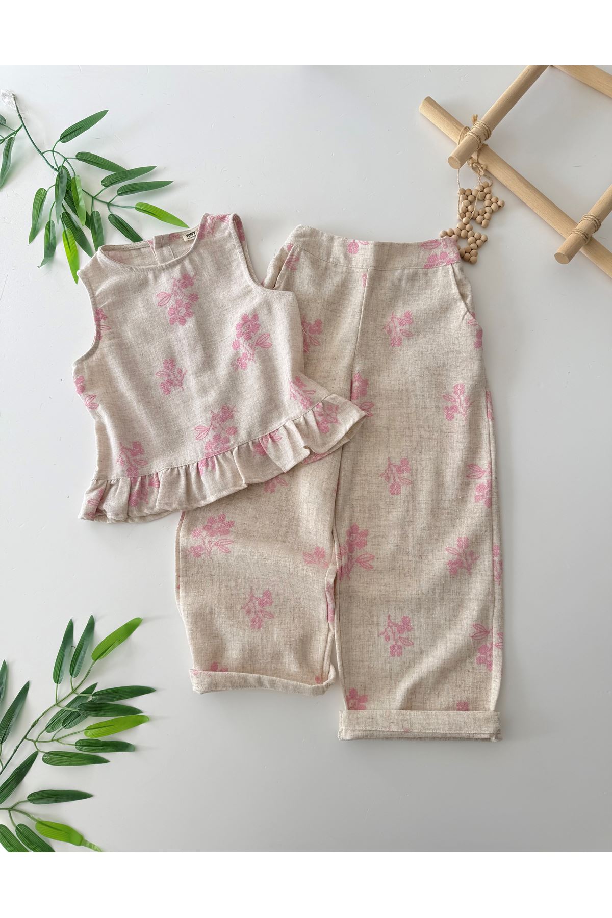 Miniğimin Cicileri Etnik Çiçek Desenli Kız Çocuk Keten İkili Takım - Pembe