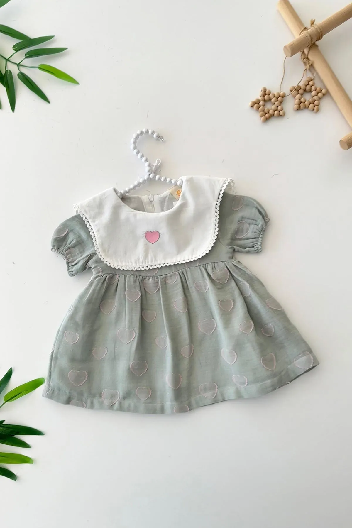 Miniğimin Cicileri Kalp Detaylı Yakalı Kız Bebe Astarlı Elbise - Yeşil