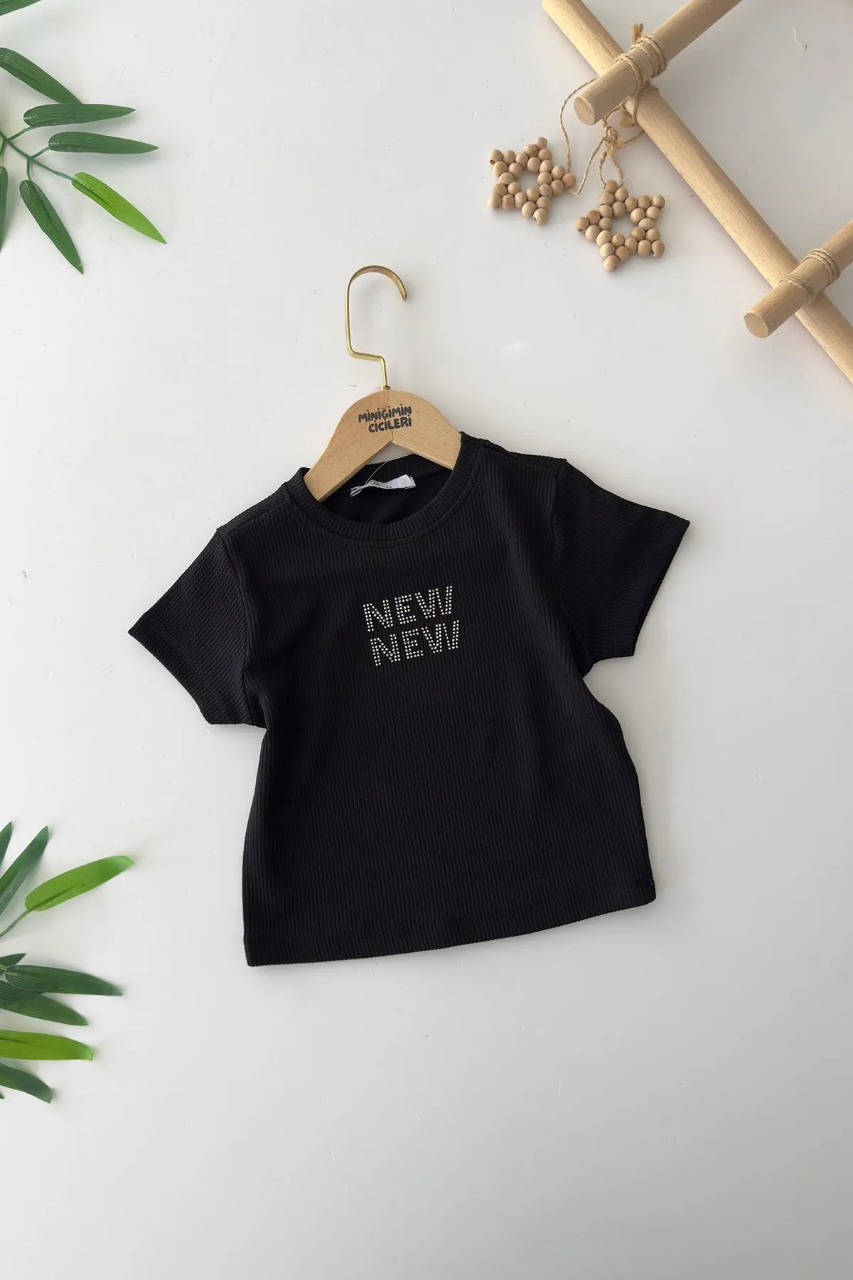 Miniğimin Cicileri New Taş İşlemeli Kız Çocuk Esnek Crop - Siyah