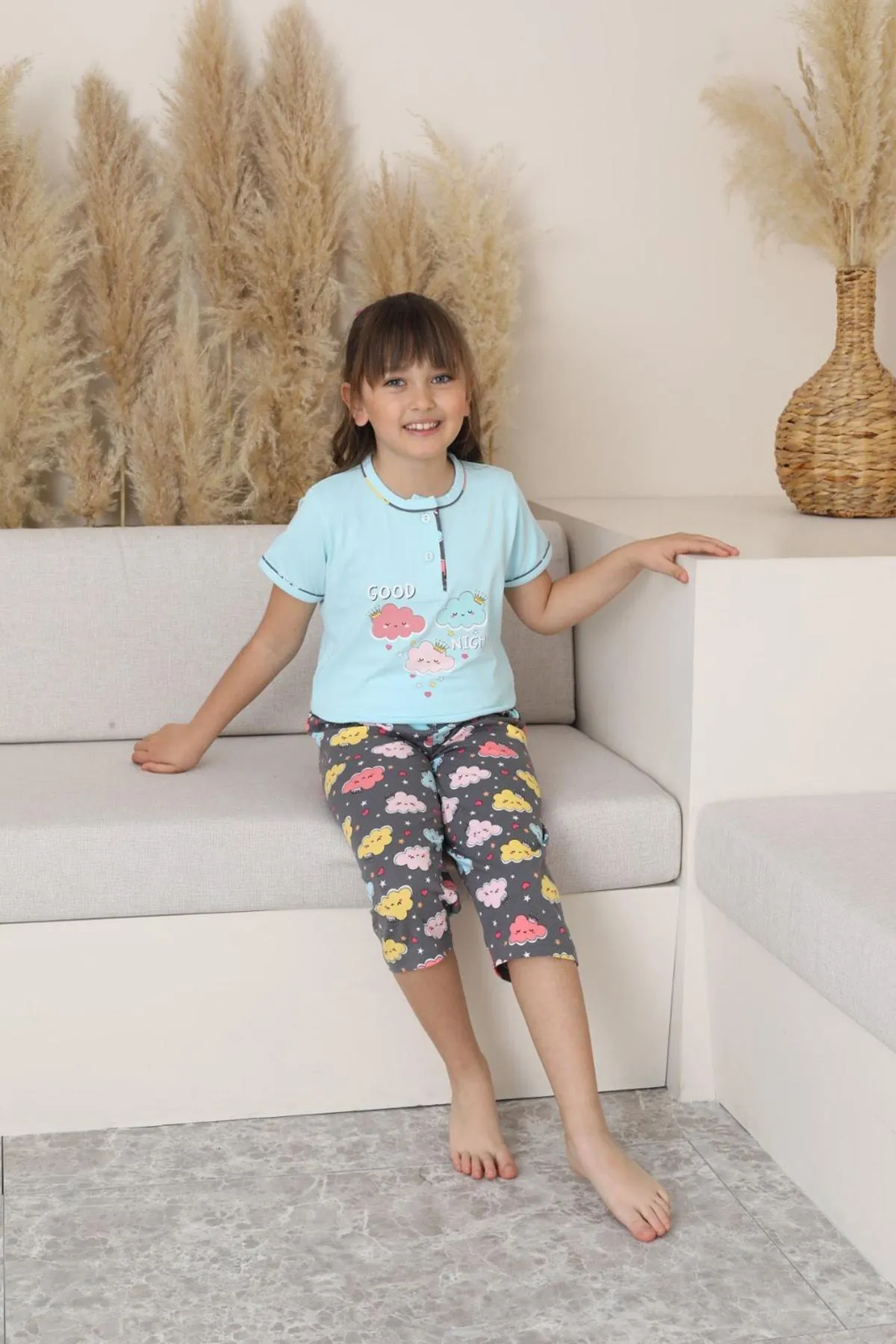 Miniğimin Cicileri (6-14 Yaş) Bulut Desenli Kız Çocuk Kapri Takım - Mavi