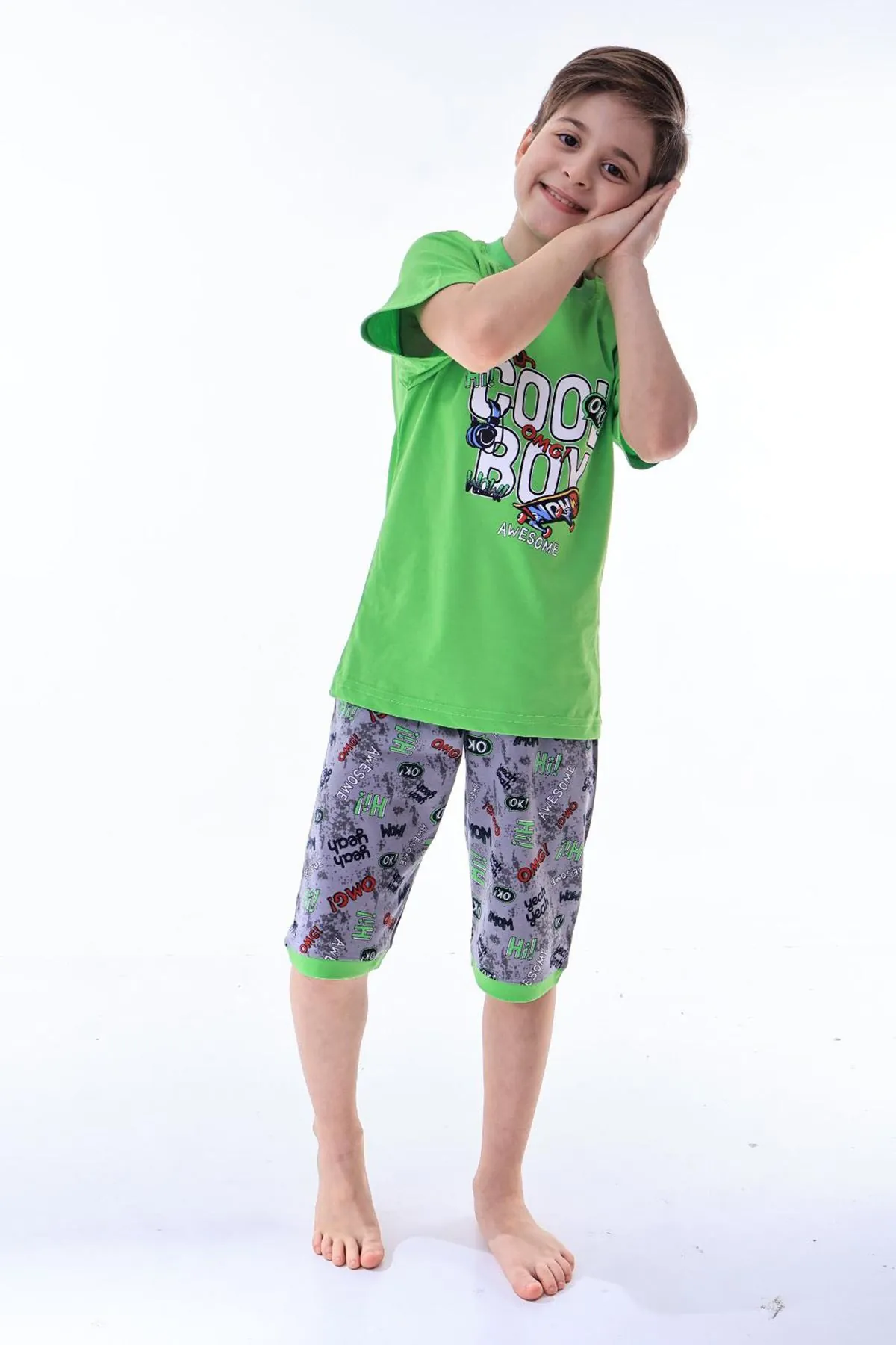 Miniğimin Cicileri (6-11 Yaş) Cool Boy Desenli Erkek  Çocuk Kapri Takım - Yeşil