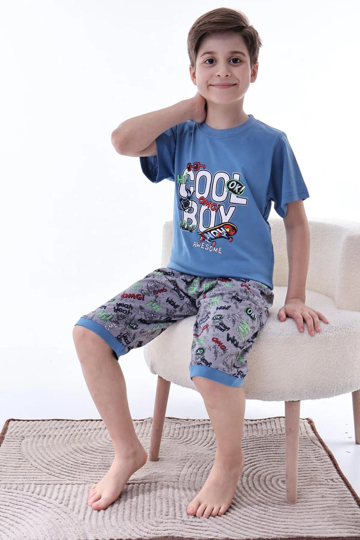 Miniğimin Cicileri (6-11 Yaş) Cool Boy Desenli Erkek  Çocuk Kapri Takım - indigo