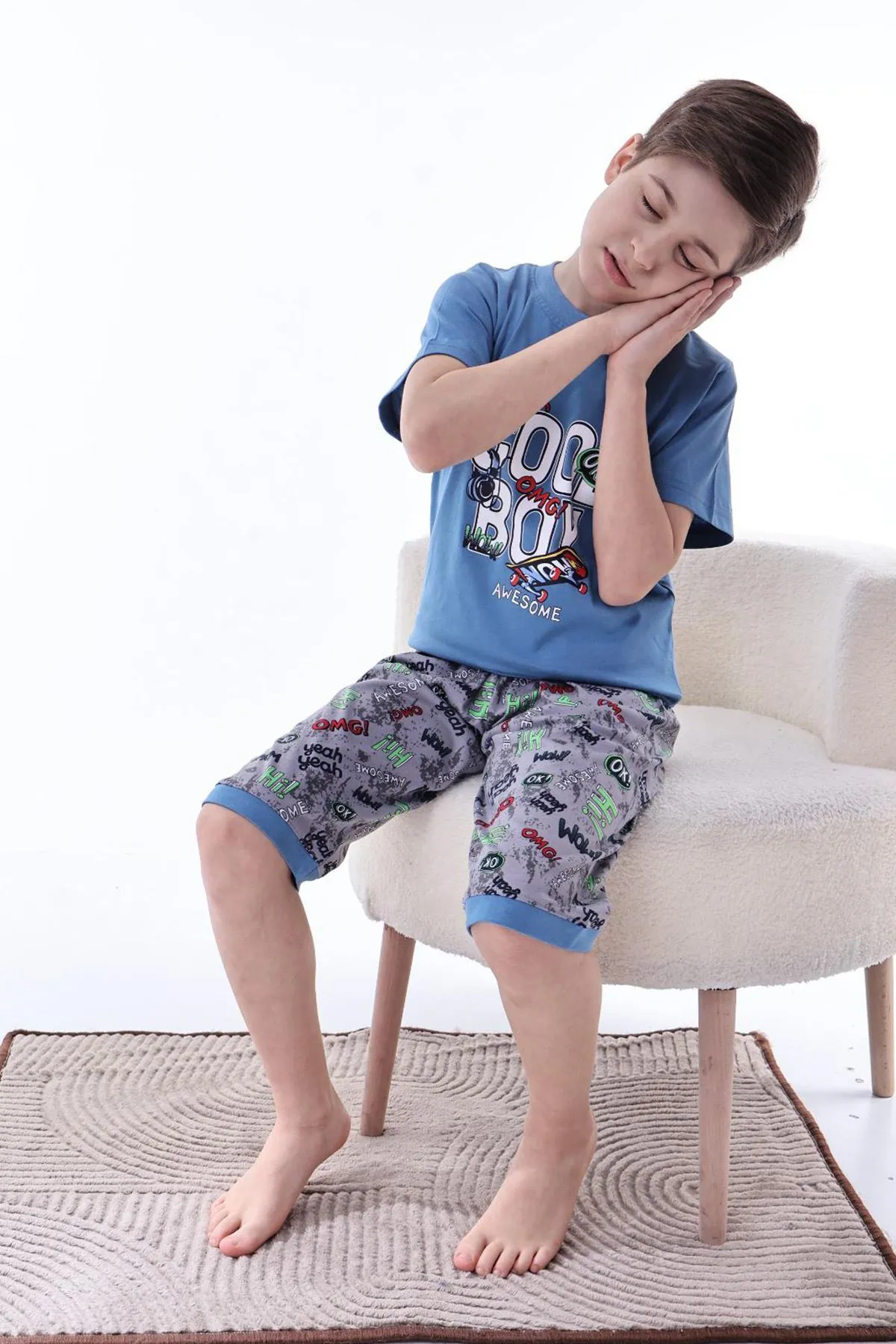 Miniğimin Cicileri (6-11 Yaş) Cool Boy Desenli Erkek  Çocuk Kapri Takım - indigo