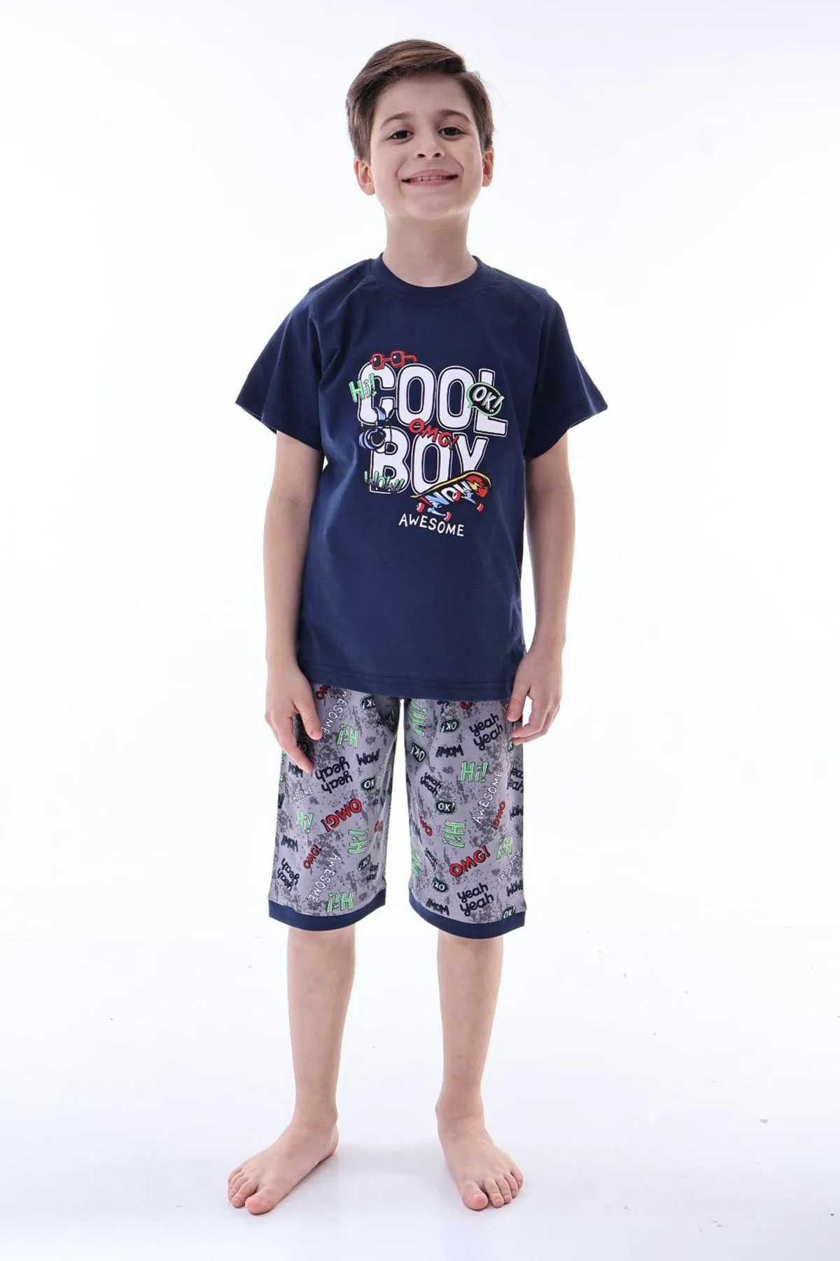 Miniğimin Cicileri (6-11 Yaş) Cool Boy Desenli Erkek  Çocuk Kapri Takım - Lacivert